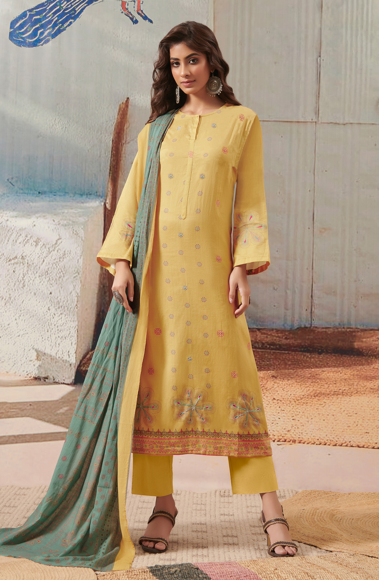 Mustard Yellow Cotton Unstitched Digital Printed Salwar Suit - ANI878