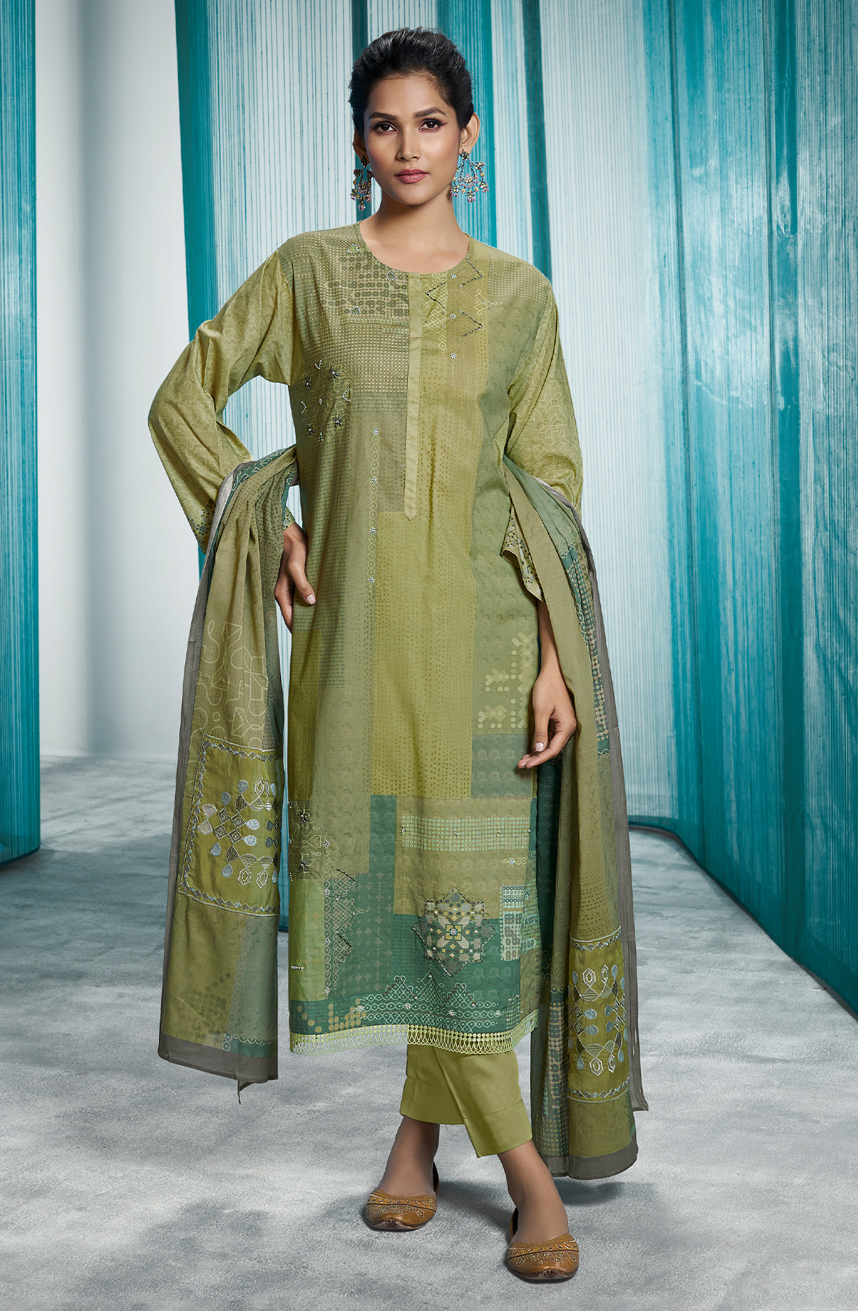 Green Pure Cotton Digital Printed Unstitched Lace Work Suit with Trendy Dupatta - ANO412
