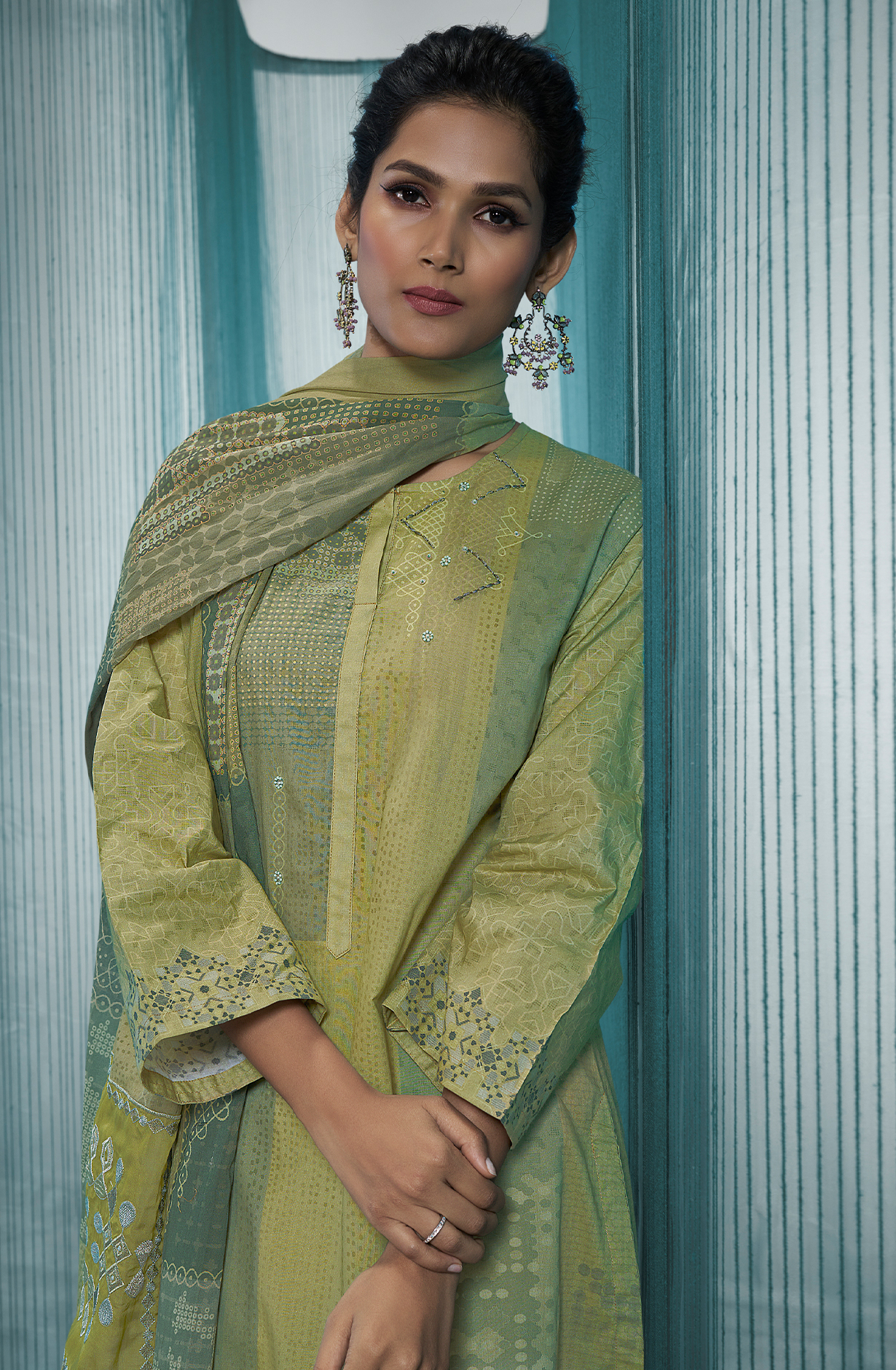 Green Pure Cotton Digital Printed Unstitched Lace Work Suit with Trendy Dupatta - ANO412