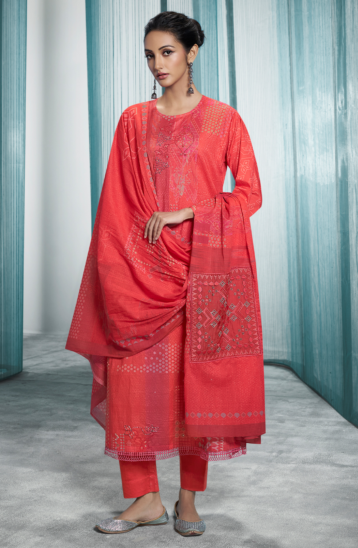 Coral Red Pure Cotton Digital Printed Unstitched Lace Work Suit with Trendy Dupatta - ANO476
