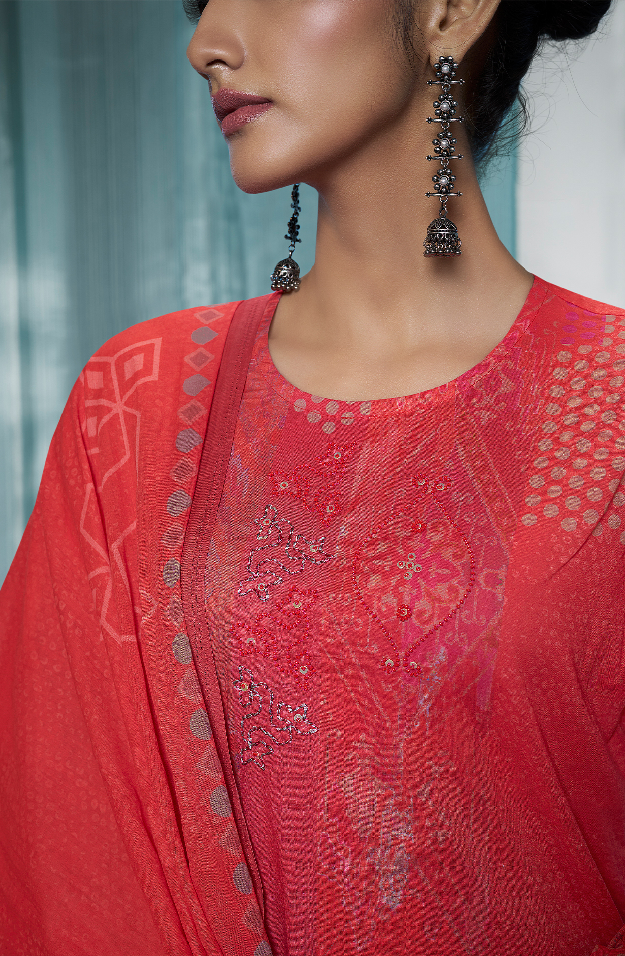 Coral Red Pure Cotton Digital Printed Unstitched Lace Work Suit with Trendy Dupatta - ANO476