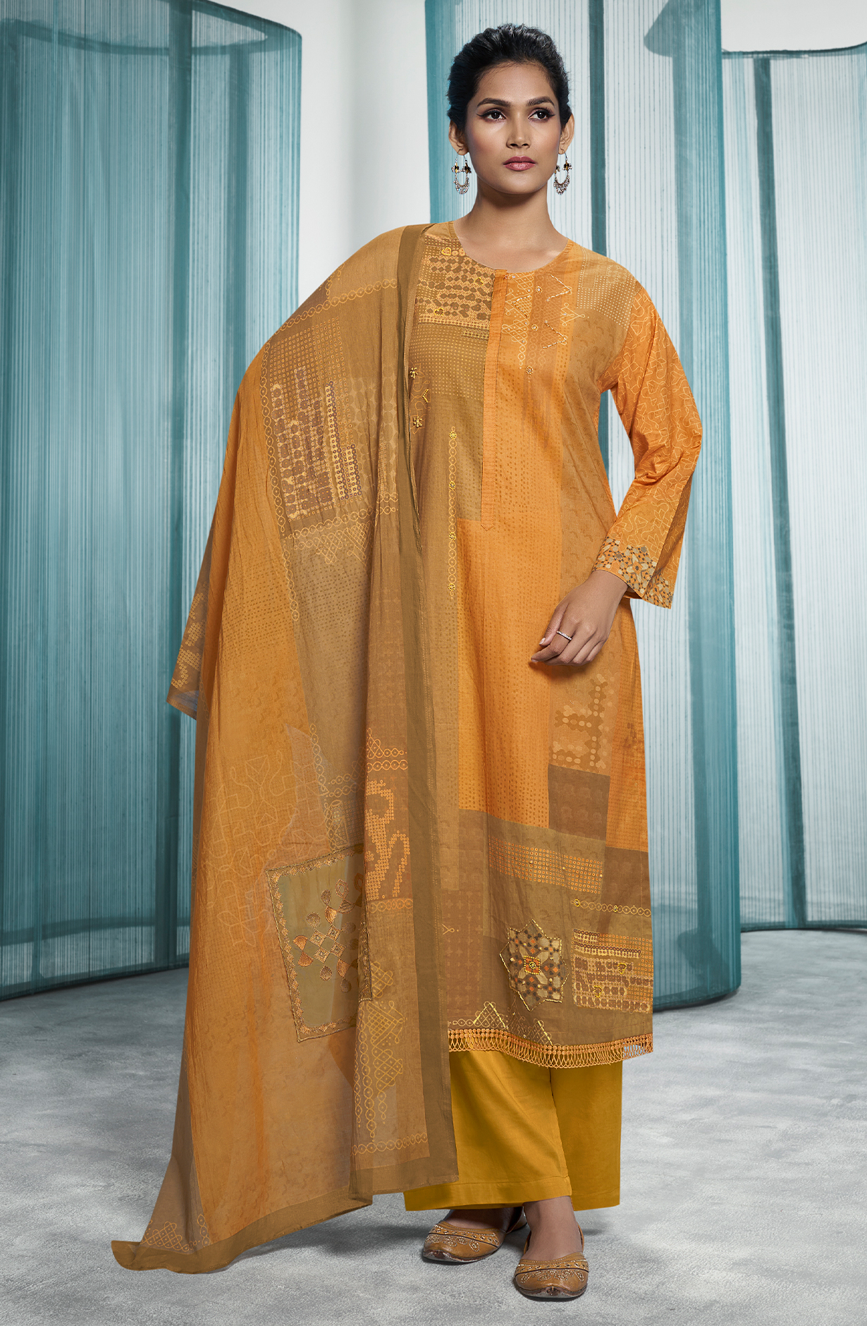 Mustard Pure Cotton Digital Printed Unstitched Lace Work Suit with Trendy Dupatta - ANO480
