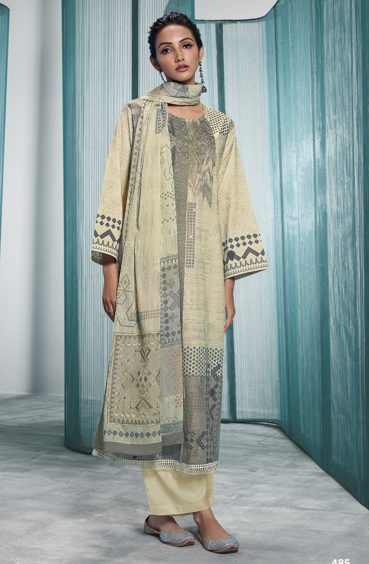 Off-white Grey Pure Cotton Digital Printed Unstitched Lace Work Suit with Trendy Dupatta - ANO485