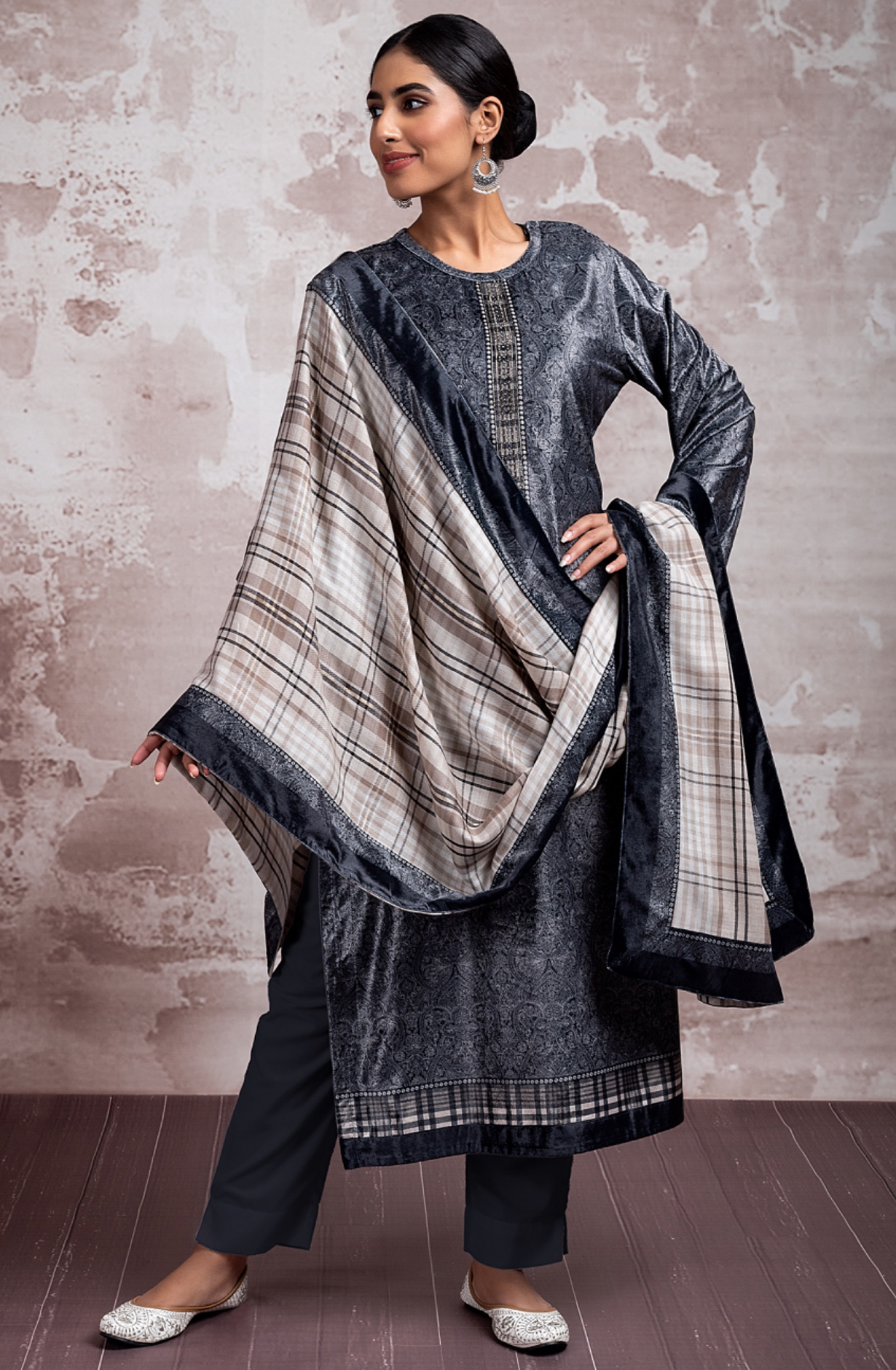 Black Velvet Digital Printed and Handwork Suit-Set with Pure Pashmina Jacquard Dupatta - ANS2305B