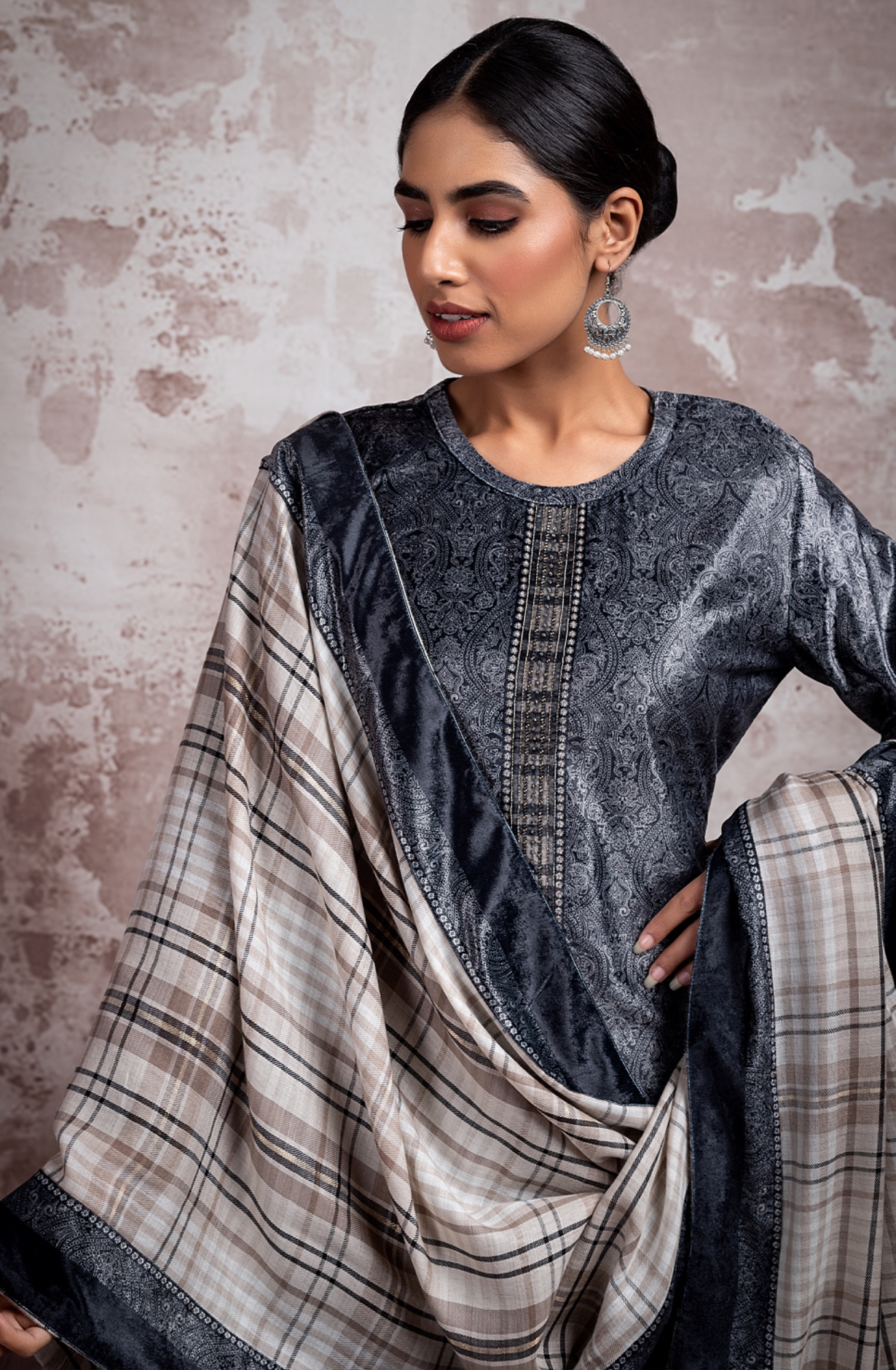 Black Velvet Digital Printed and Handwork Suit-Set with Pure Pashmina Jacquard Dupatta - ANS2305B