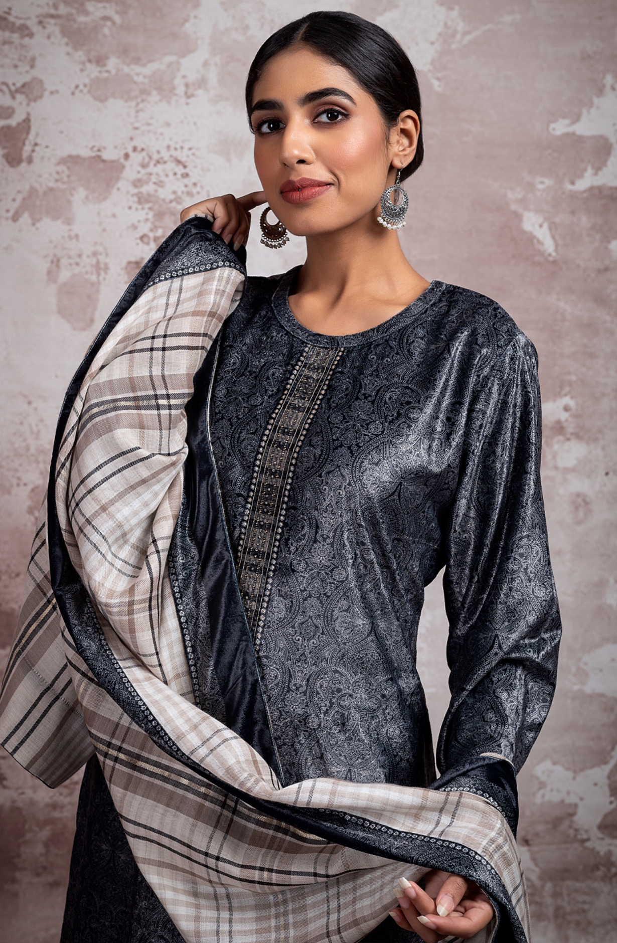 Black Velvet Digital Printed and Handwork Suit-Set with Pure Pashmina Jacquard Dupatta - ANS2305B