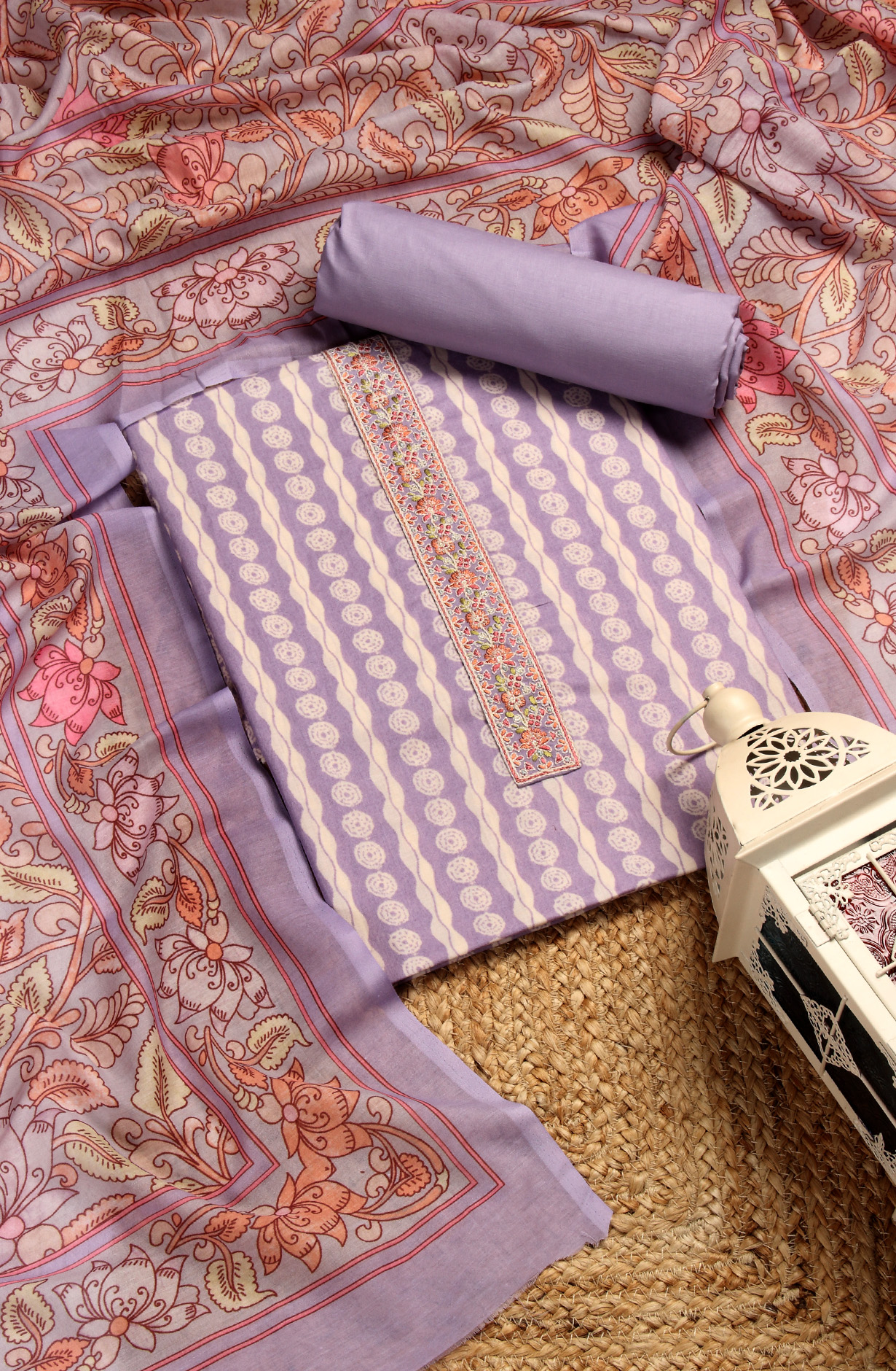 Lavender Cotton Printed Unstitched Dress Material - ANU29001