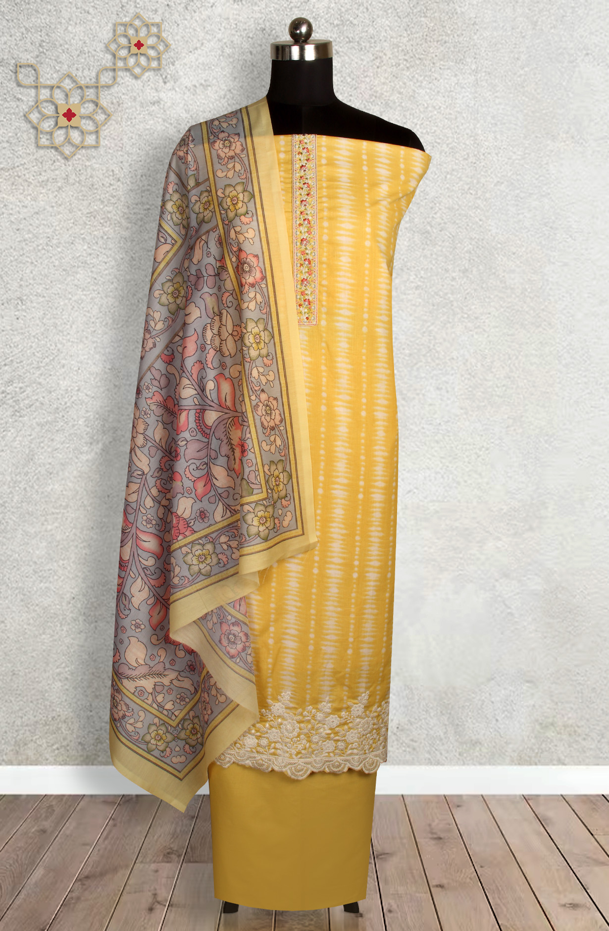 Yellow Cotton Printed Unstitched Dress Material - ANU29002