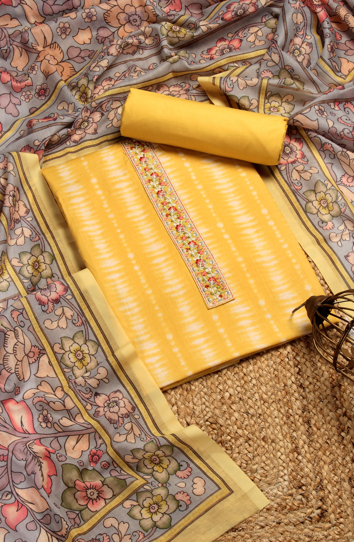 Yellow Cotton Printed Unstitched Dress Material - ANU29002