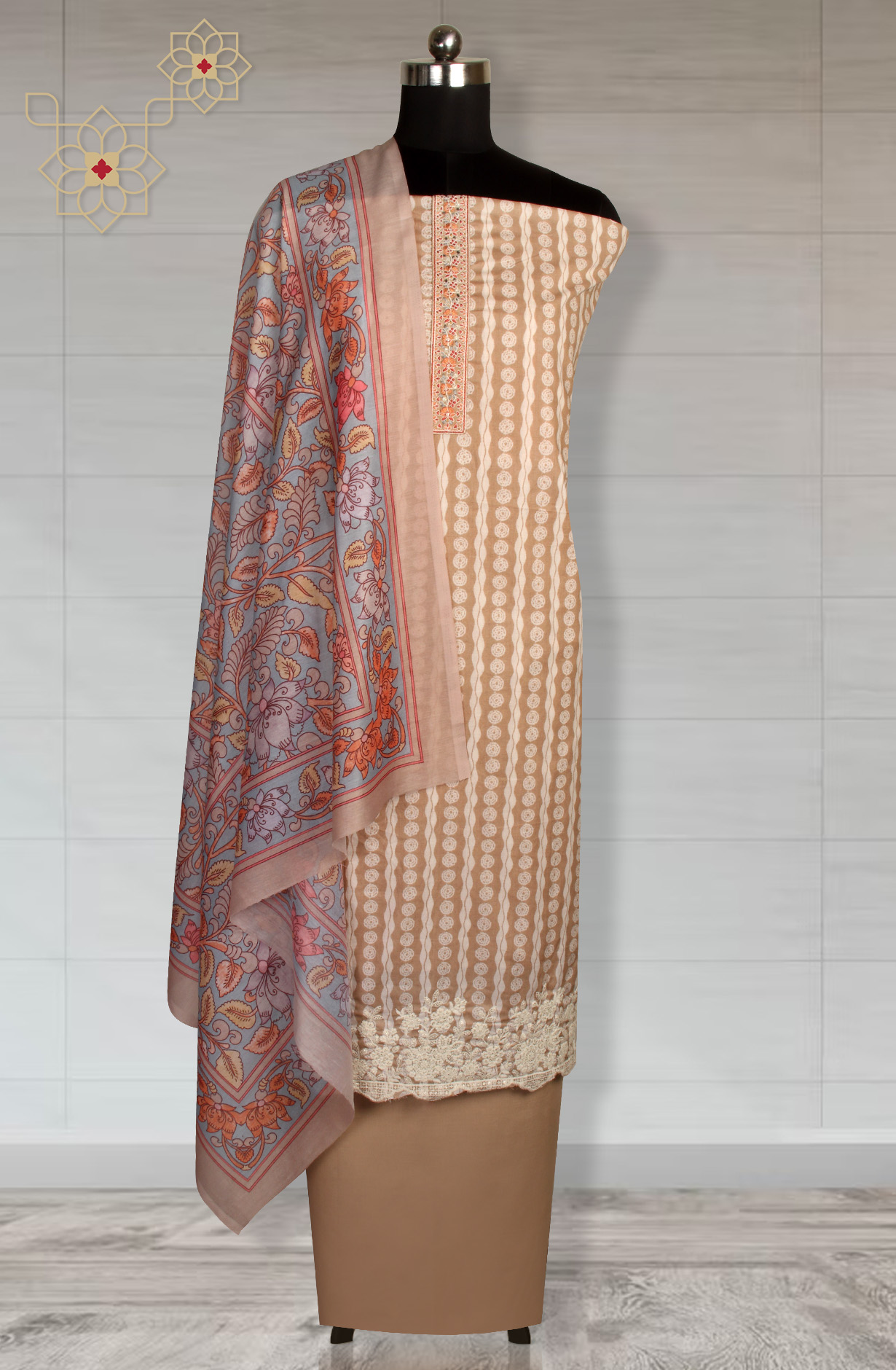 Beige Cotton Printed Unstitched Dress Material - ANU29003