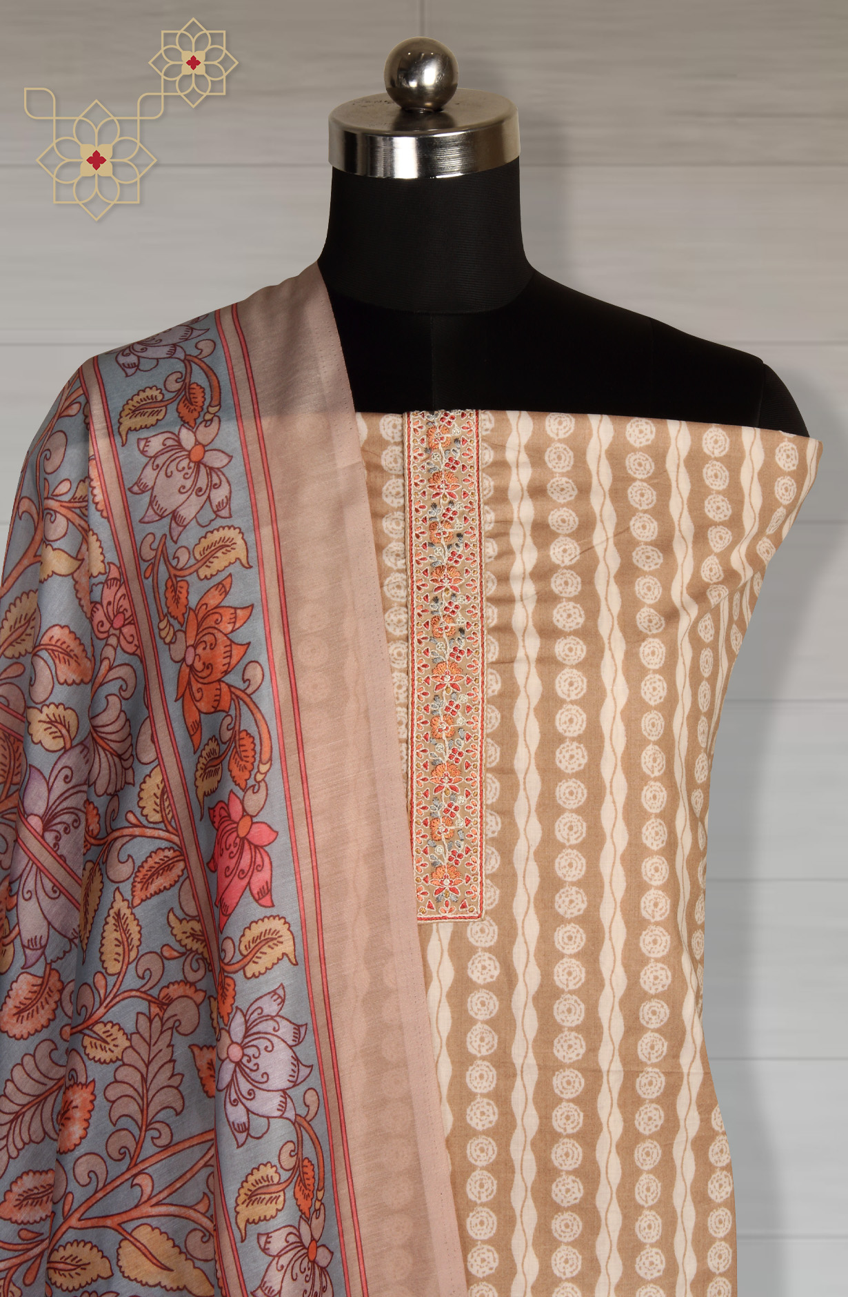 Beige Cotton Printed Unstitched Dress Material - ANU29003