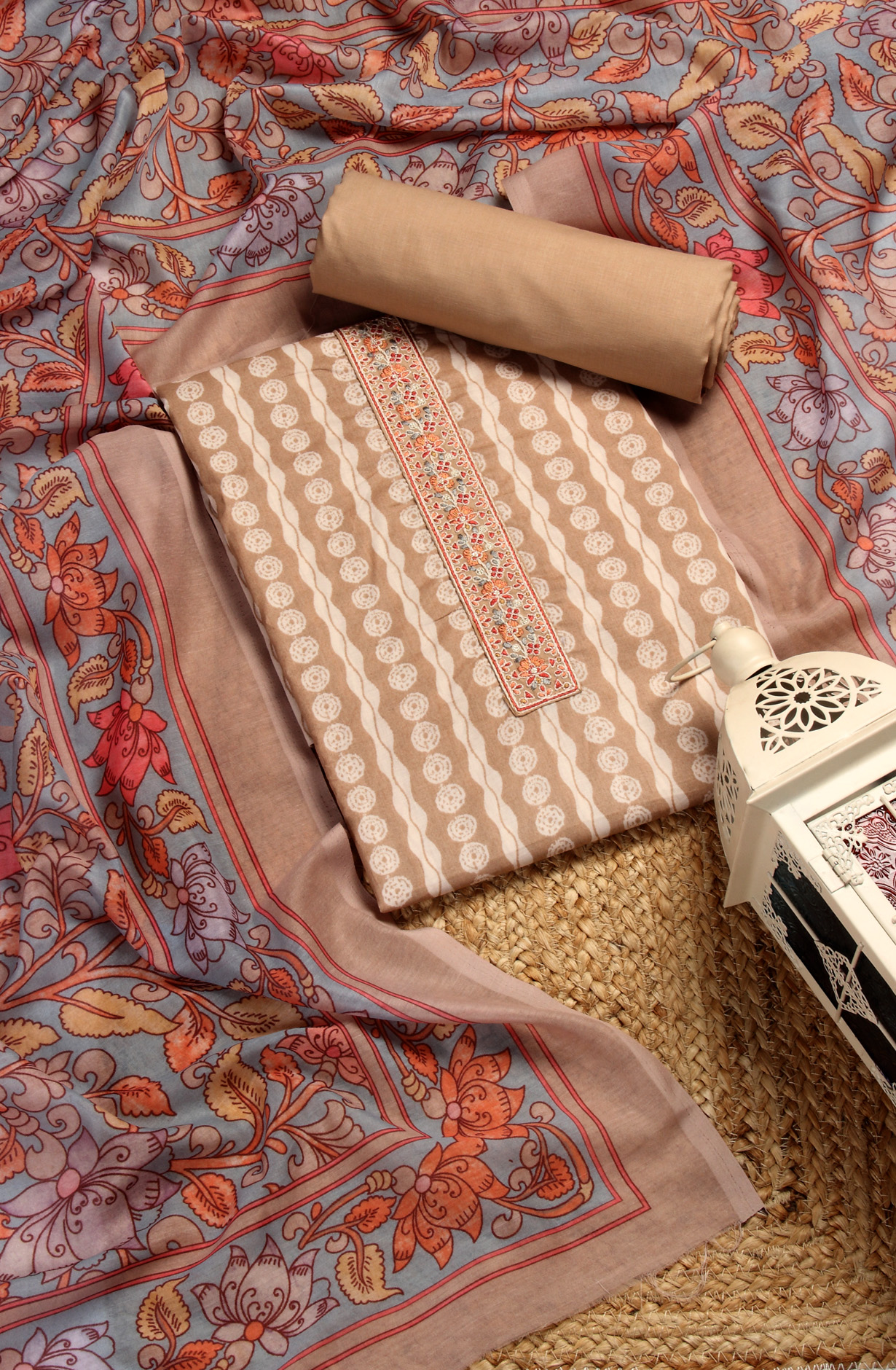 Beige Cotton Printed Unstitched Dress Material - ANU29003