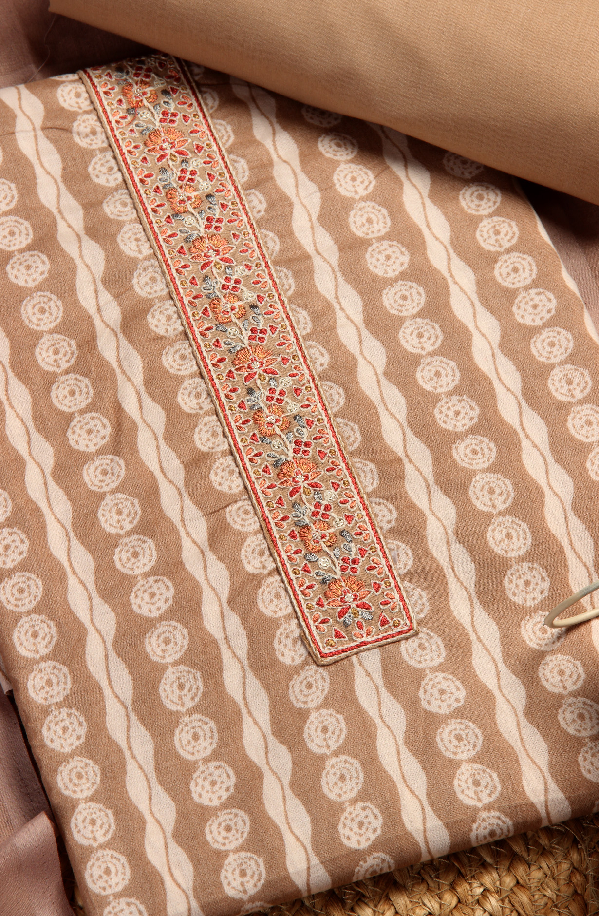 Beige Cotton Printed Unstitched Dress Material - ANU29003