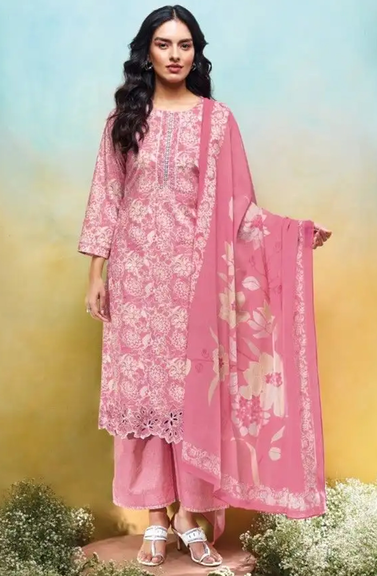 Pink Printed Cotton Suit Set with Dupatta - ANV3630A