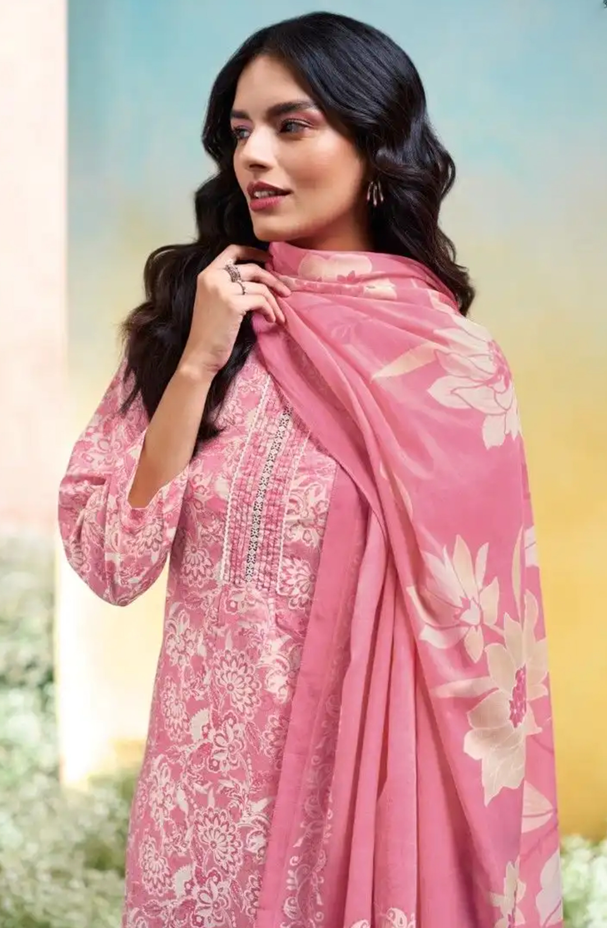 Pink Printed Cotton Suit Set with Dupatta - ANV3630A