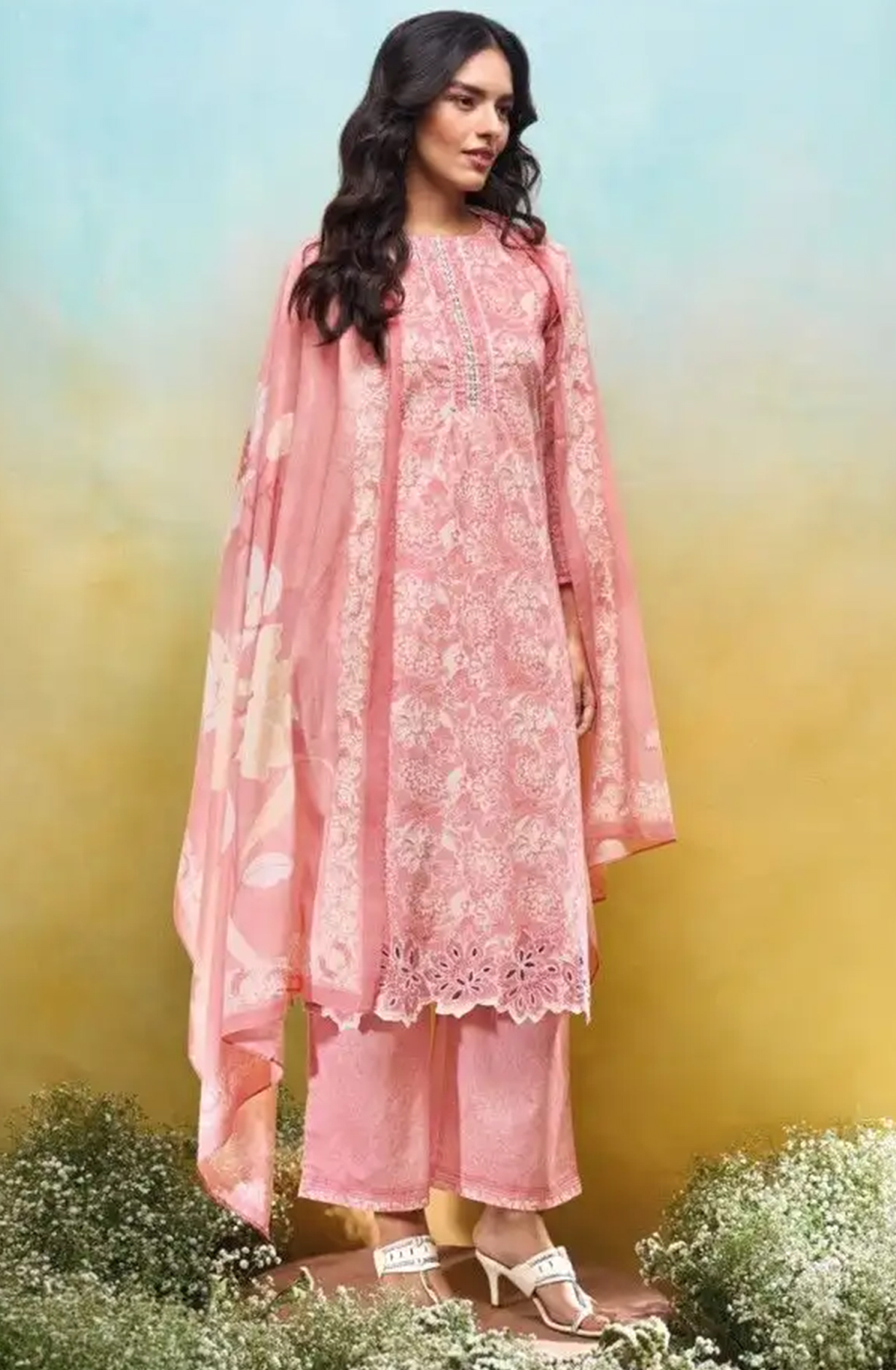 Peach Printed Cotton Suit Set with Dupatta - ANV3630C