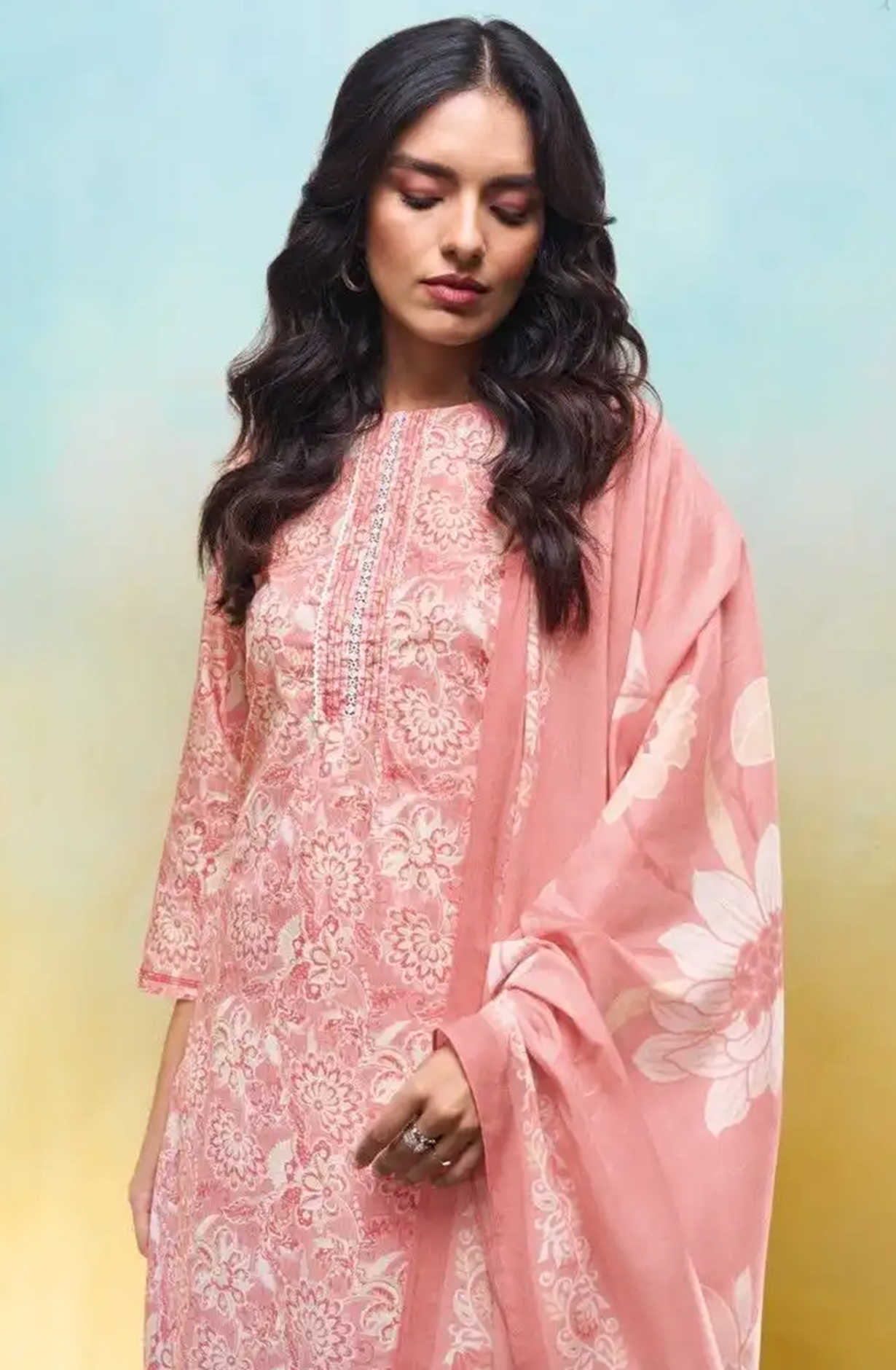 Peach Printed Cotton Suit Set with Dupatta - ANV3630C