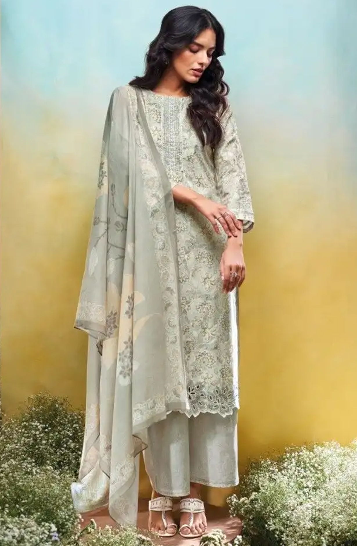 Grey Printed Cotton Suit Set with Dupatta - ANV3630D