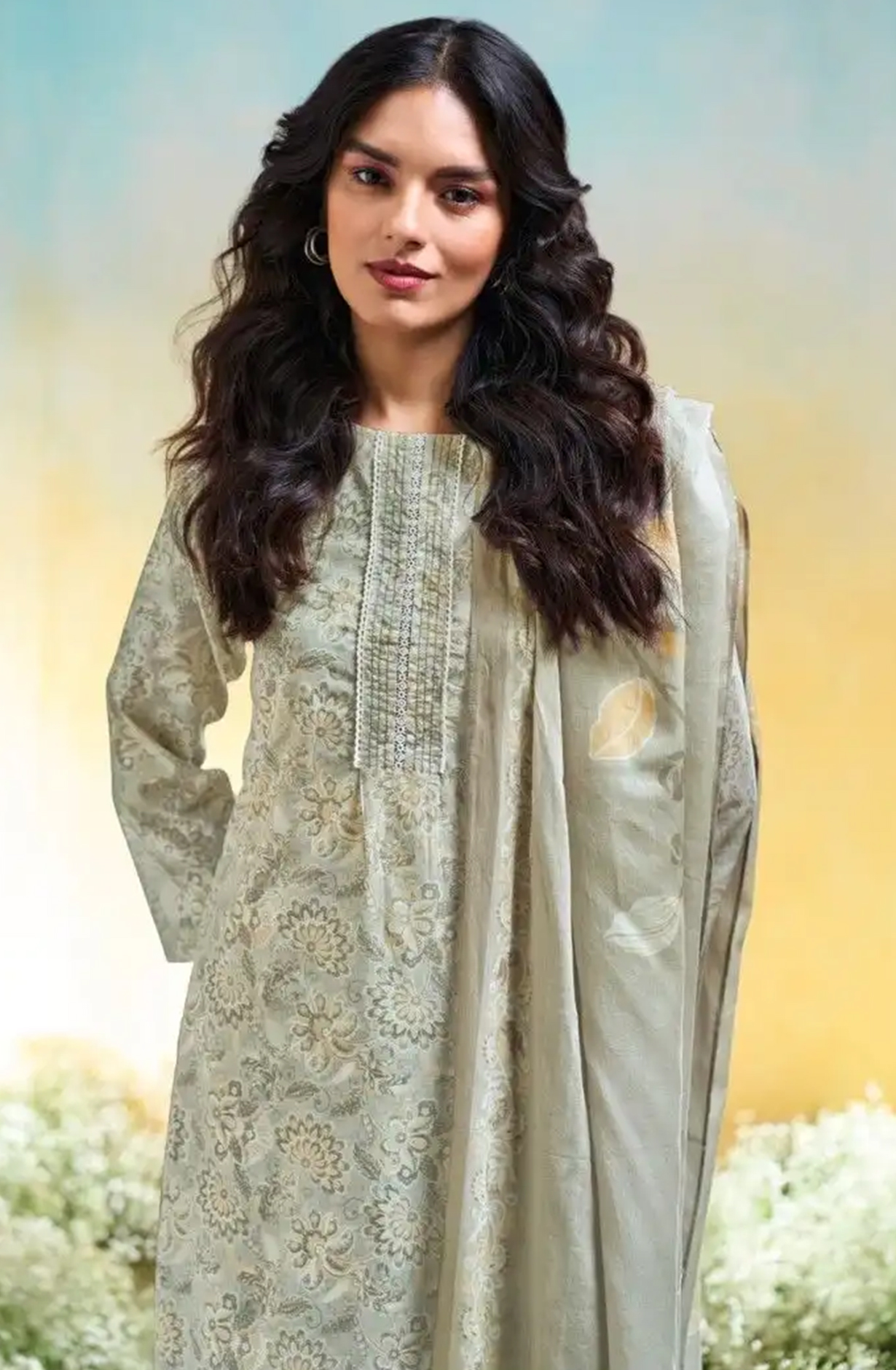 Grey Printed Cotton Suit Set with Dupatta - ANV3630D