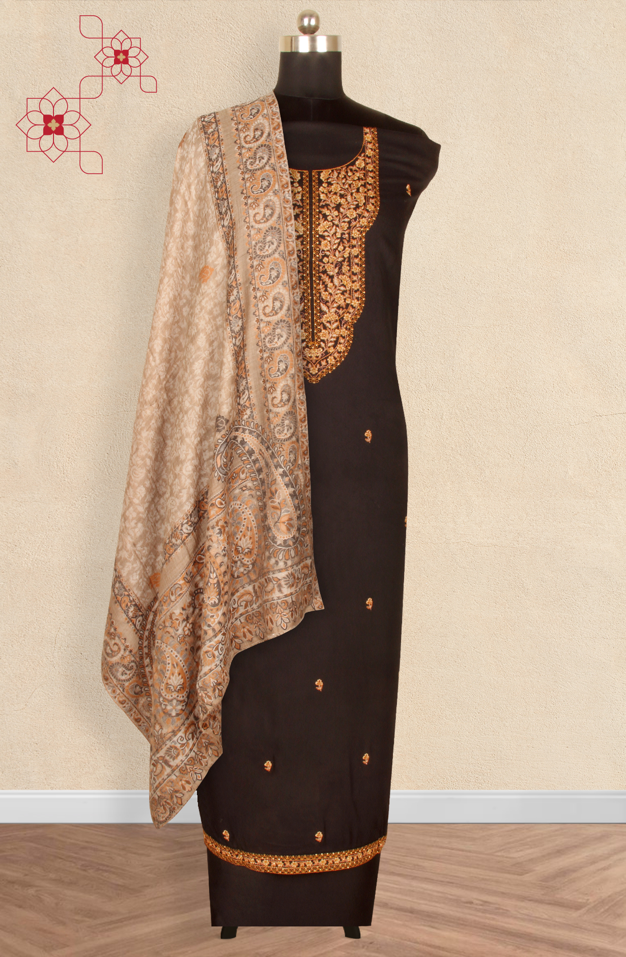 Pure Pashmina Black Unstitched Salwar Kameez with Stole Dupatta - ARA8738D