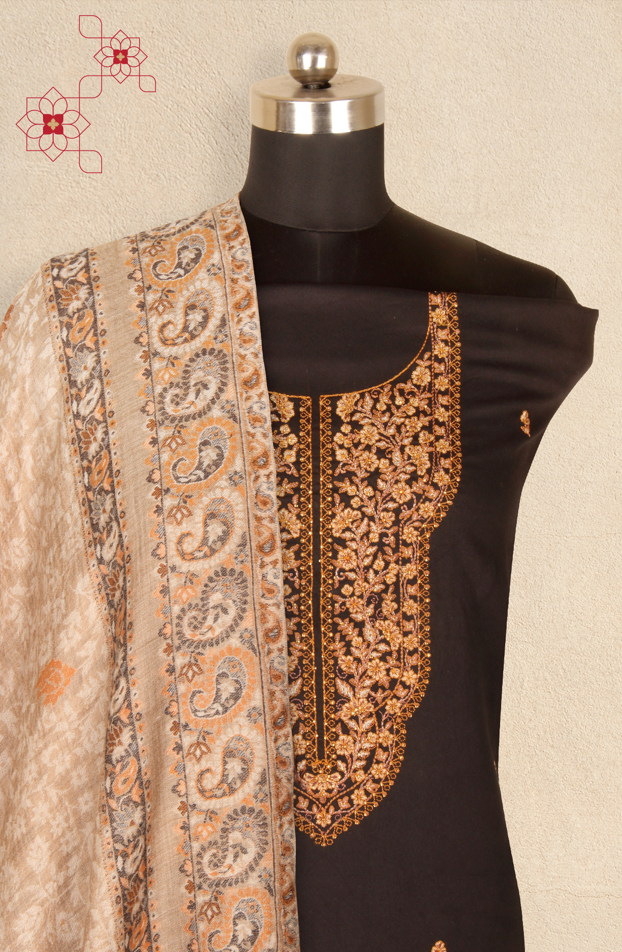 Pure Pashmina Black Unstitched Salwar Kameez with Stole Dupatta - ARA8738D