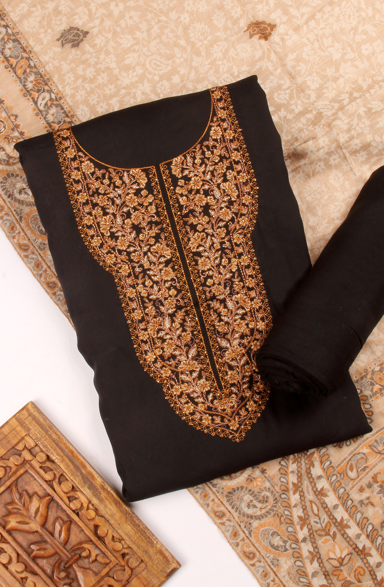 Pure Pashmina Black Unstitched Salwar Kameez with Stole Dupatta - ARA8738D