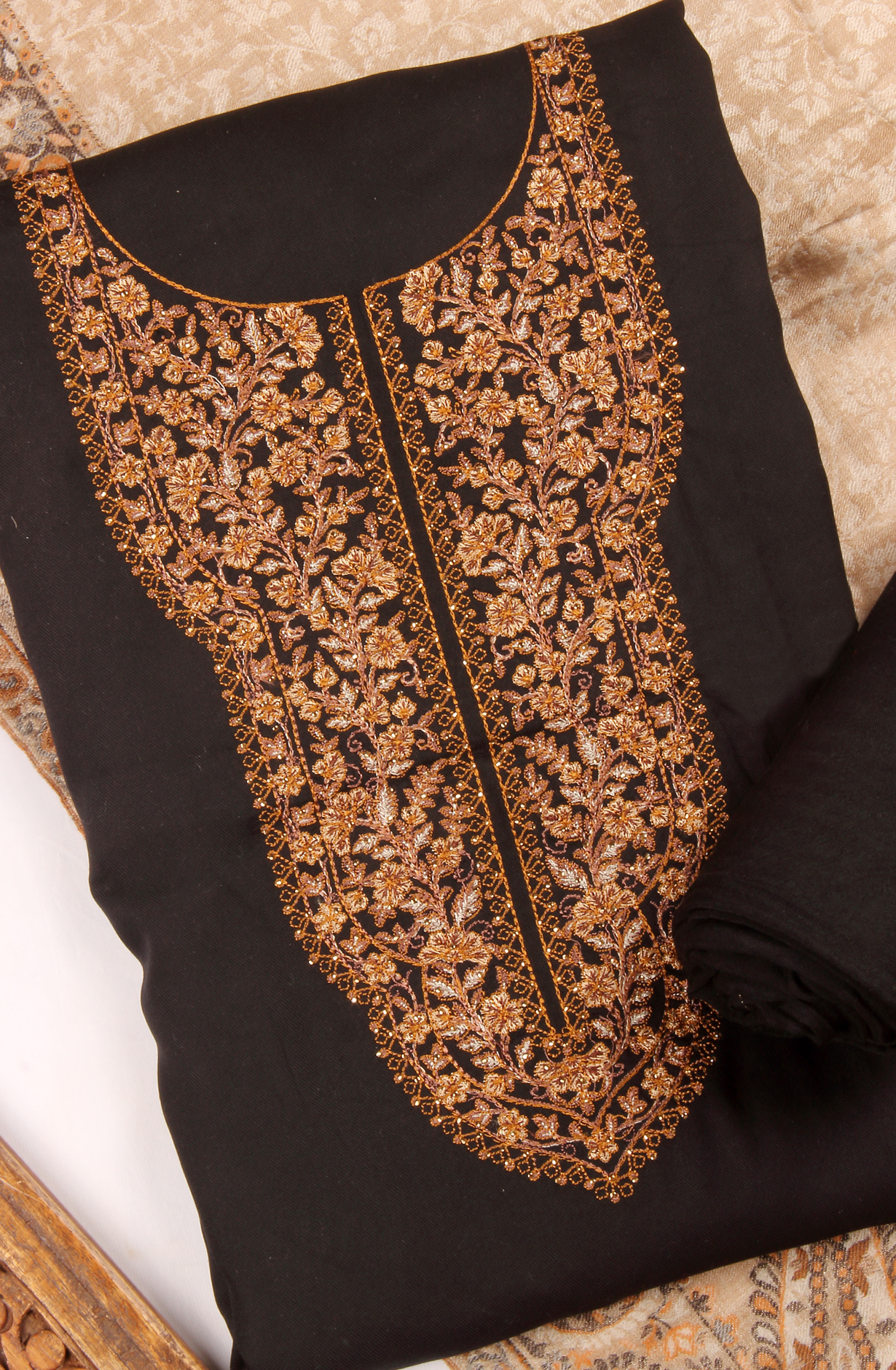 Pure Pashmina Black Unstitched Salwar Kameez with Stole Dupatta - ARA8738D