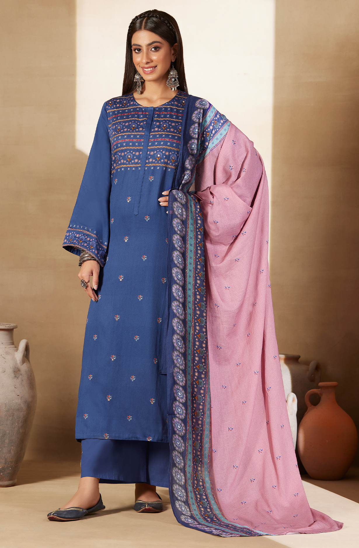 Blue Cotton Digital Printed Unstitched Salwar Kameez with Hand Work - ARI428