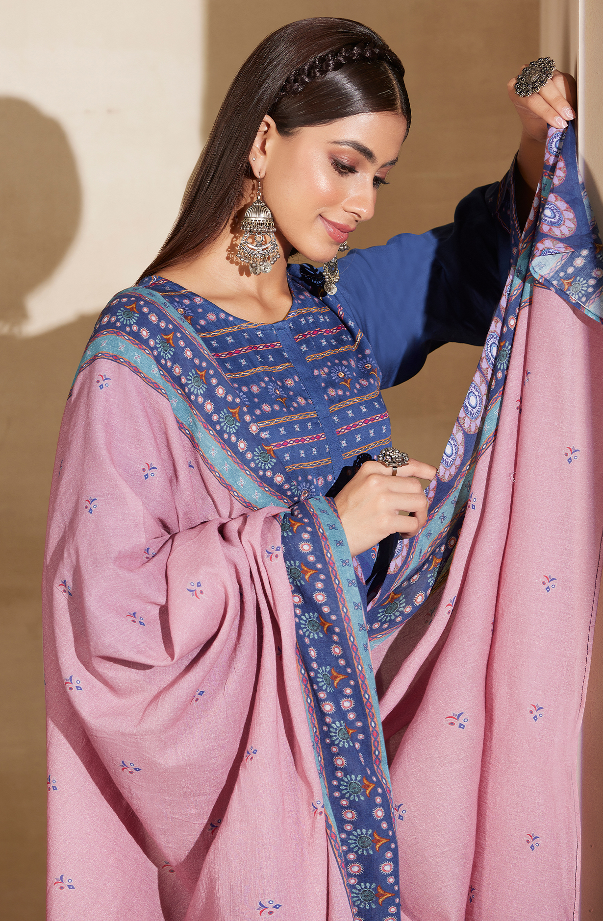 Blue Cotton Digital Printed Unstitched Salwar Kameez with Hand Work - ARI428