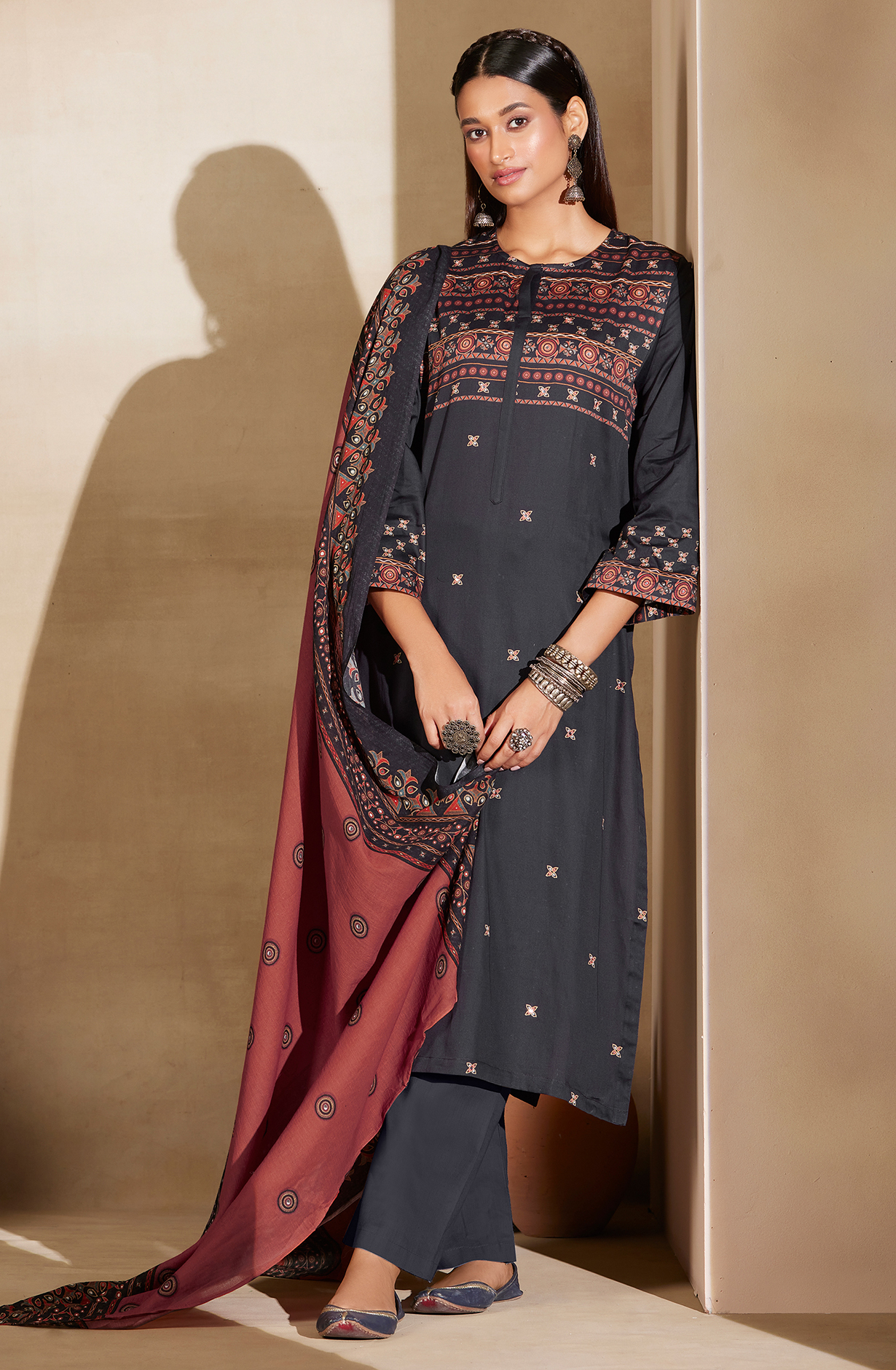 Black Cotton Digital Printed Unstitched Salwar Kameez with Hand Work - ARI432