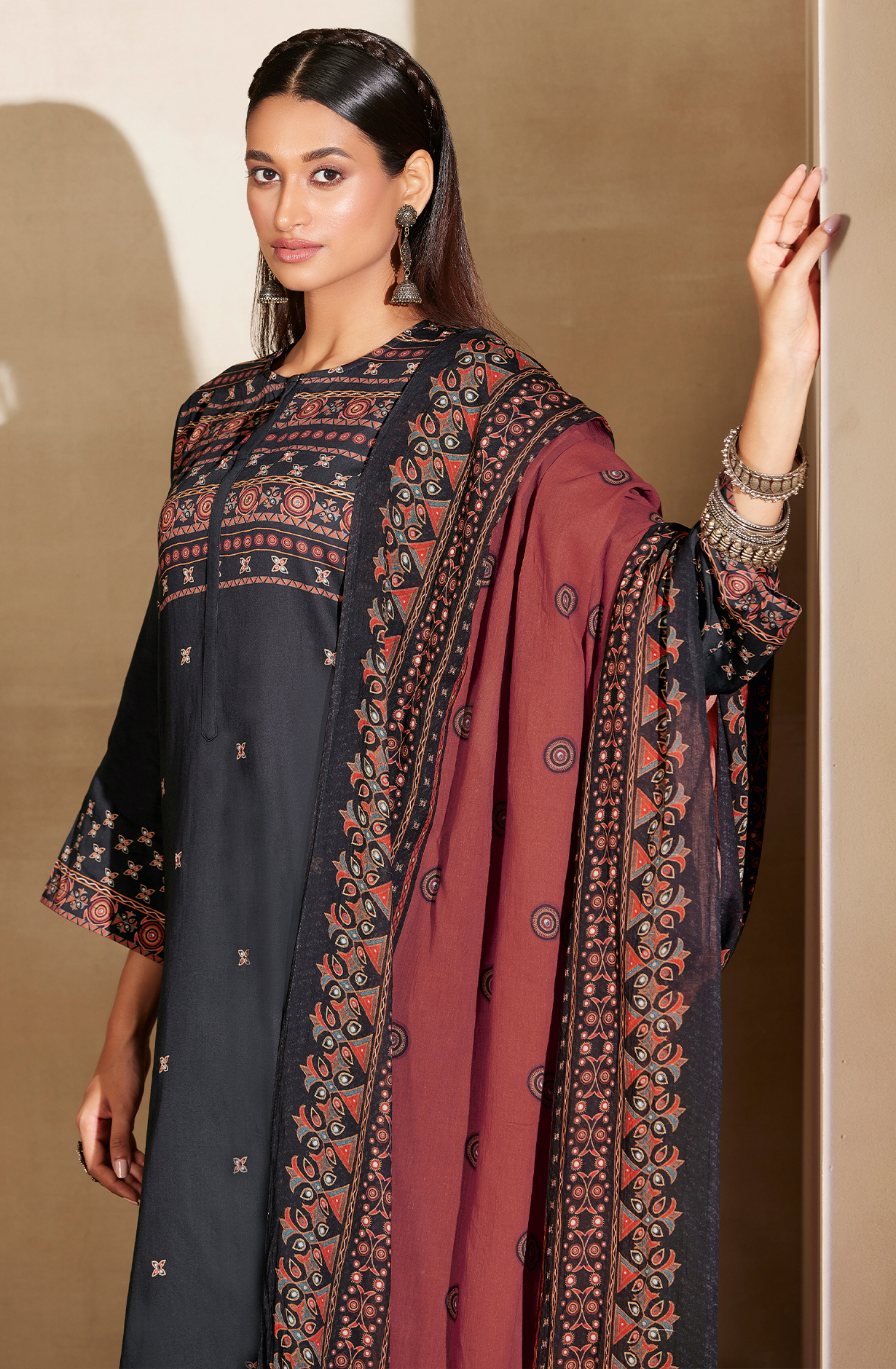 Black Cotton Digital Printed Unstitched Salwar Kameez with Hand Work - ARI432