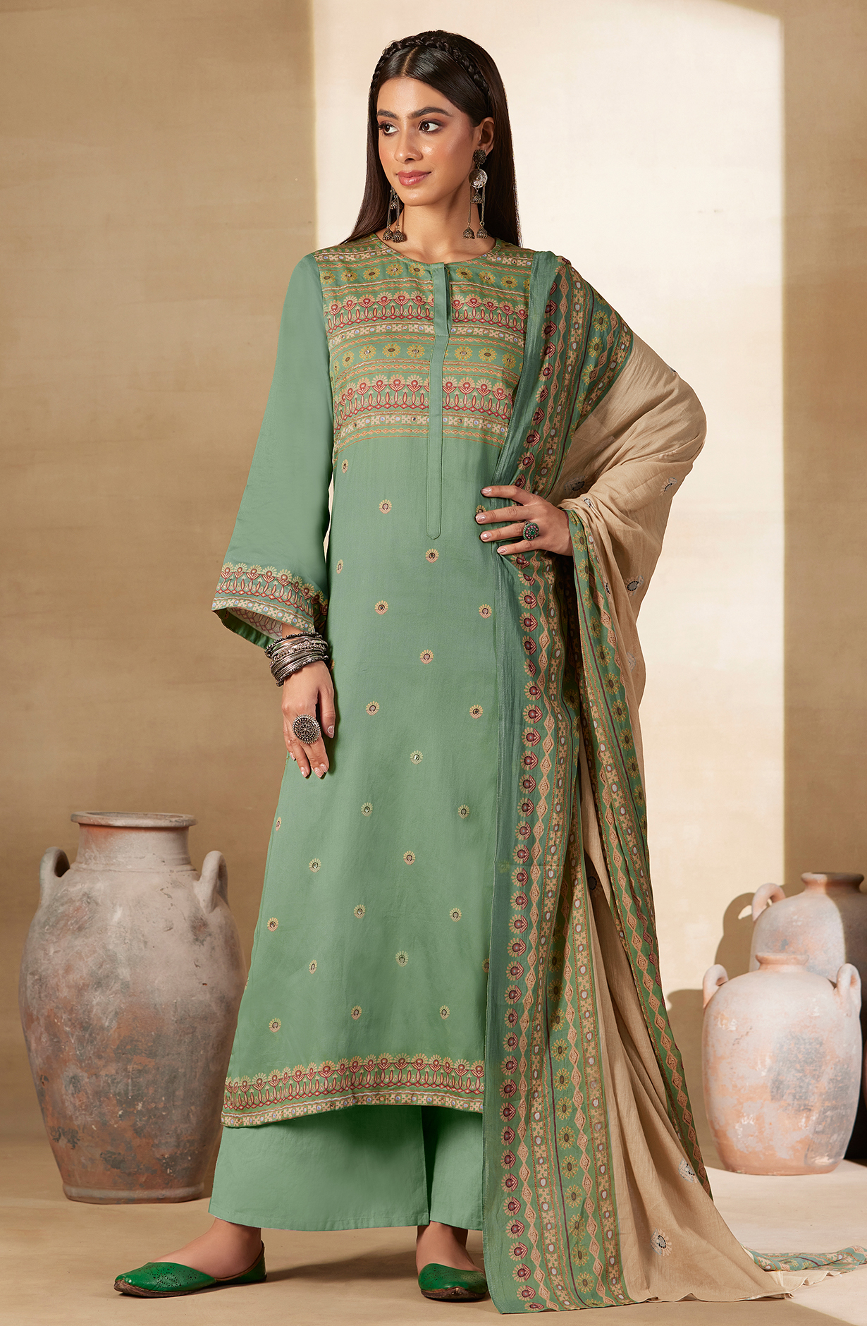 Green Cotton Digital Printed Unstitched Salwar Kameez with Hand Work - ARI436