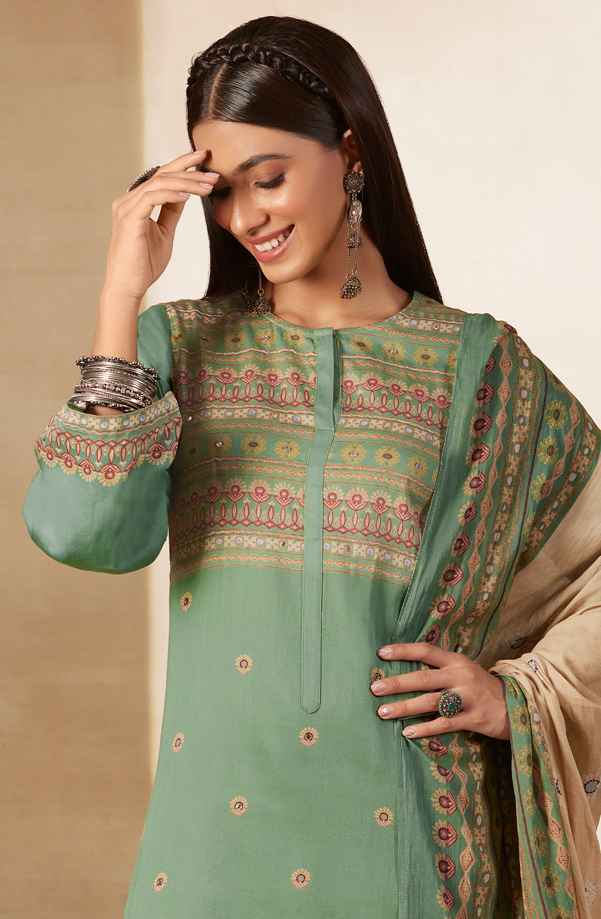 Green Cotton Digital Printed Unstitched Salwar Kameez with Hand Work - ARI436
