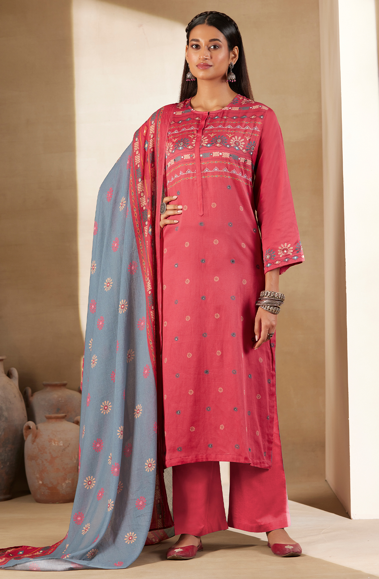 Rose Red Cotton Digital Printed Unstitched Salwar Kameez with Hand Work - ARI448