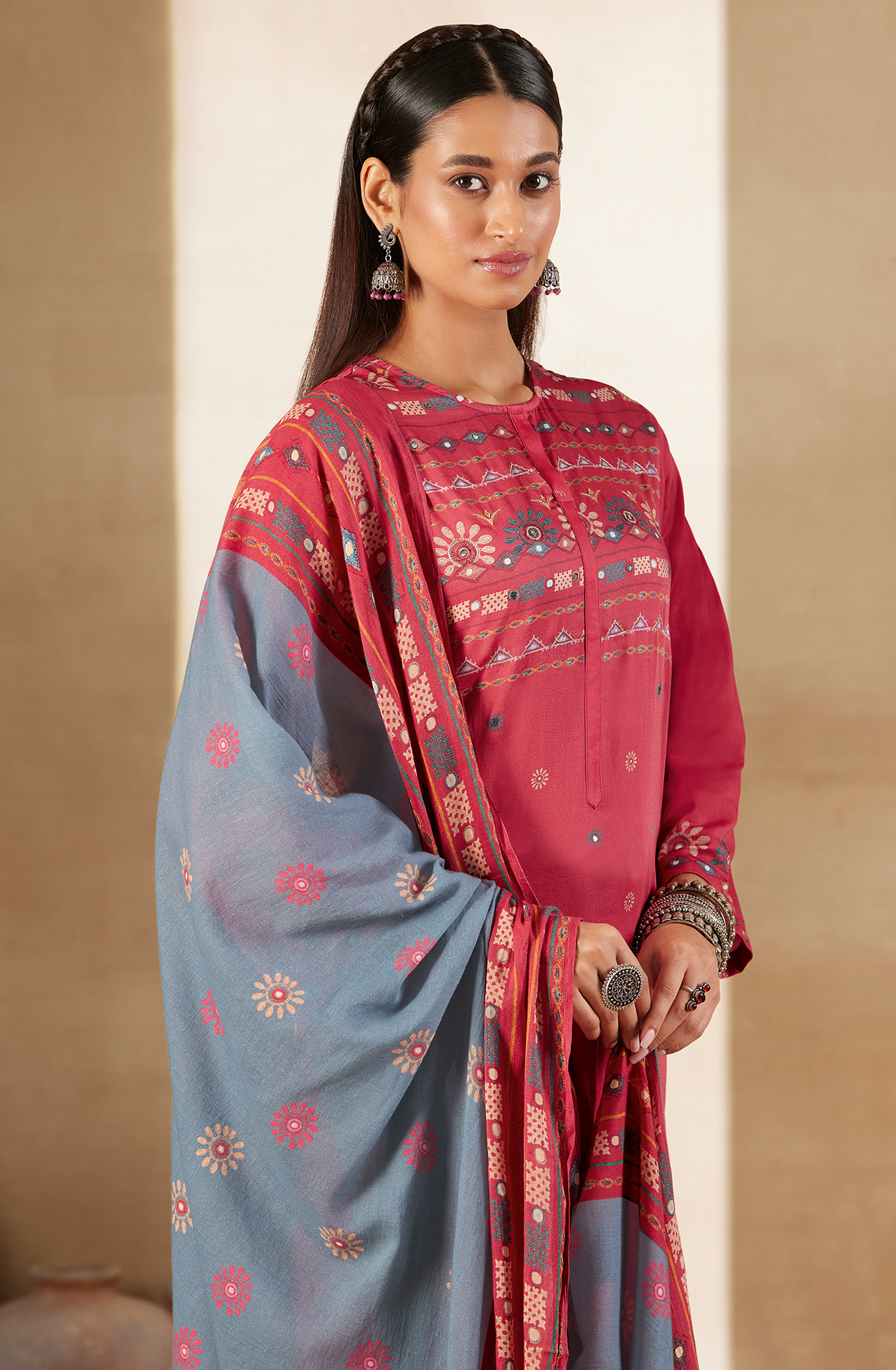 Rose Red Cotton Digital Printed Unstitched Salwar Kameez with Hand Work - ARI448