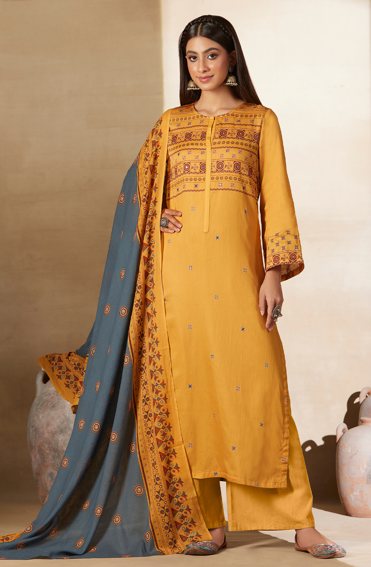 Mustard Cotton Digital Printed Unstitched Salwar Kameez with Hand Work - ARI453