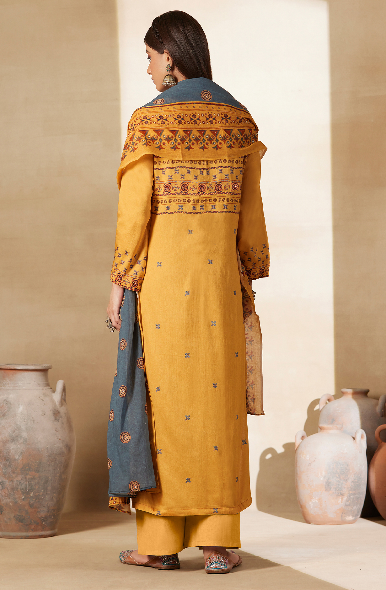 Mustard Cotton Digital Printed Unstitched Salwar Kameez with Hand Work - ARI453