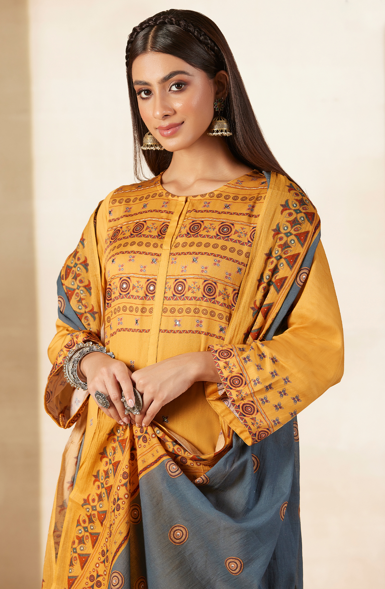 Mustard Cotton Digital Printed Unstitched Salwar Kameez with Hand Work - ARI453