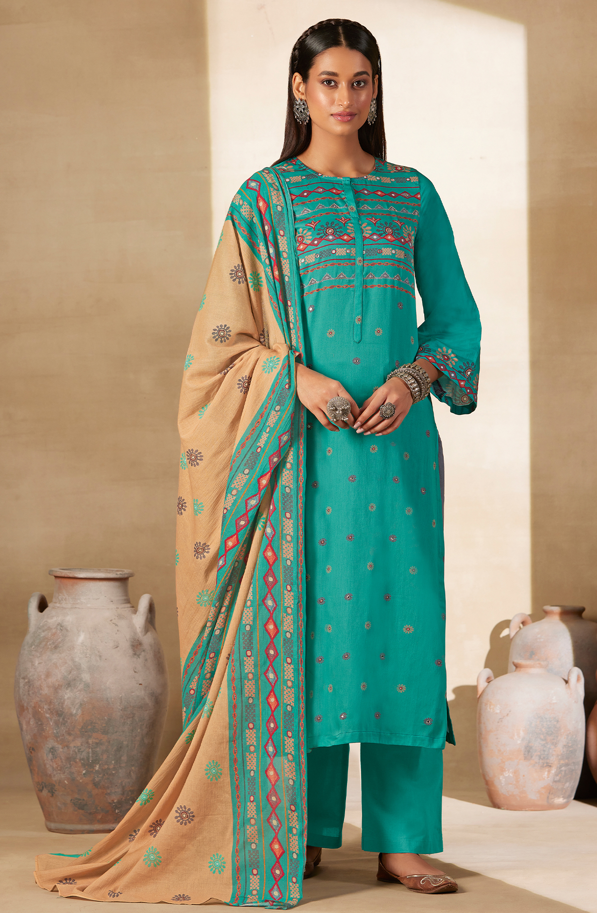 Firozi Cotton Digital Printed Unstitched Salwar Kameez with Hand Work - ARI458