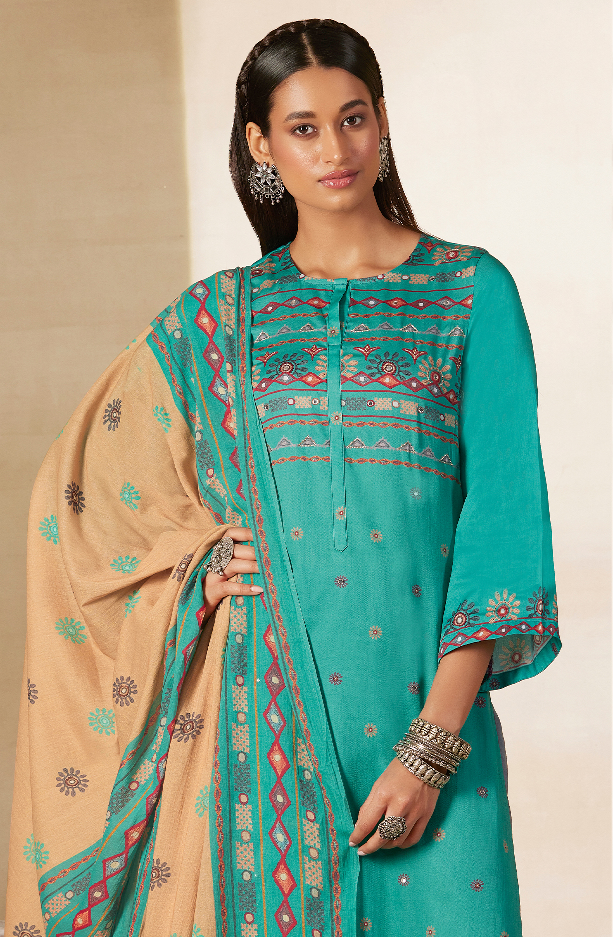 Firozi Cotton Digital Printed Unstitched Salwar Kameez with Hand Work - ARI458