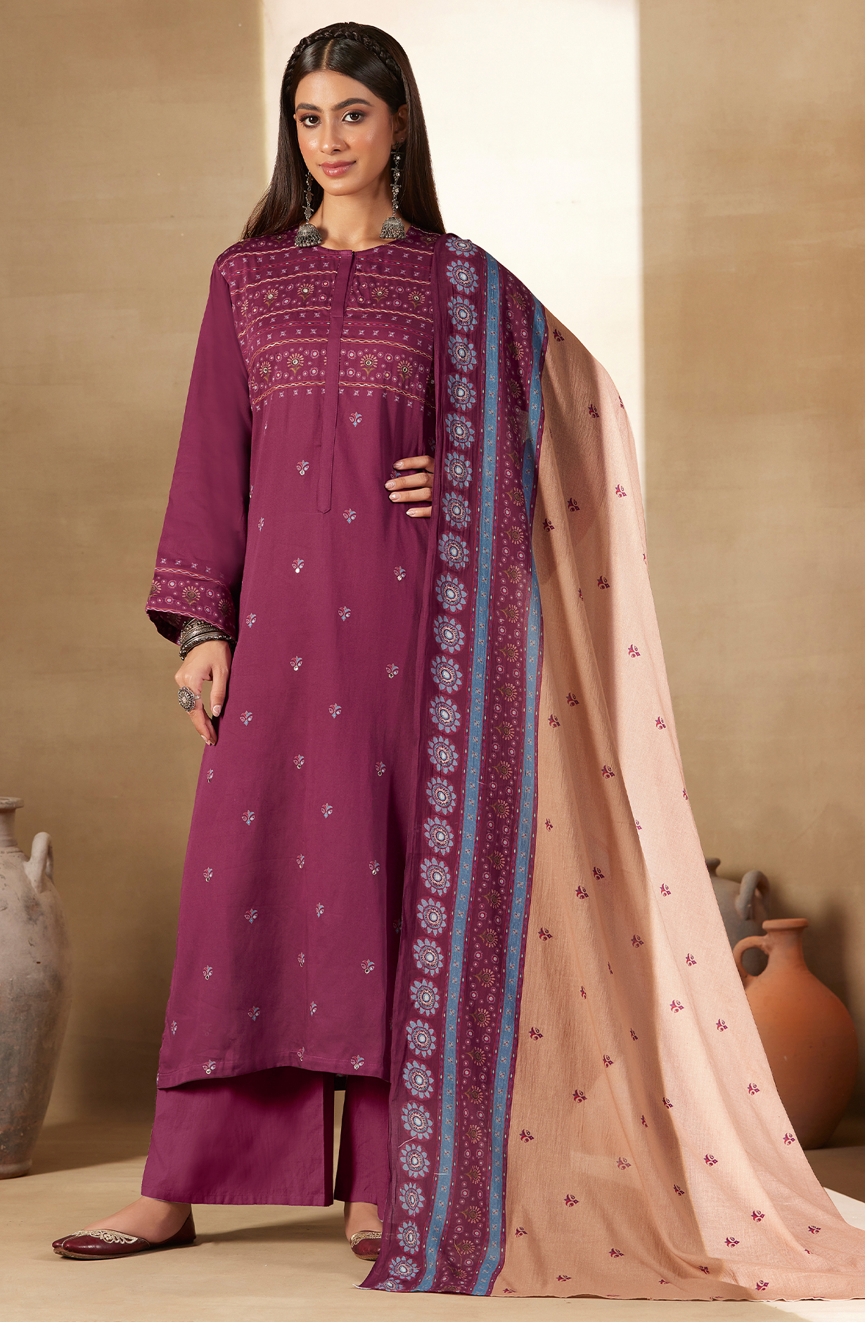Magenta Cotton Digital Printed Unstitched Salwar Kameez with Hand Work - ARI484