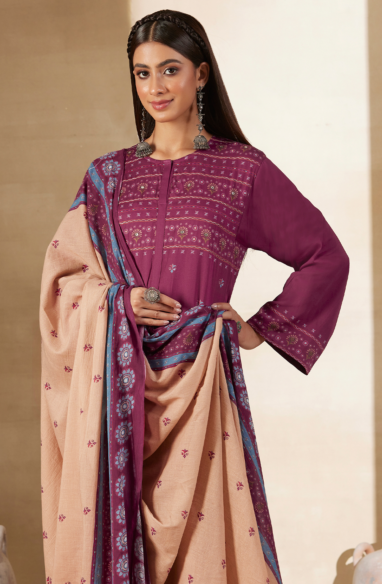 Magenta Cotton Digital Printed Unstitched Salwar Kameez with Hand Work - ARI484