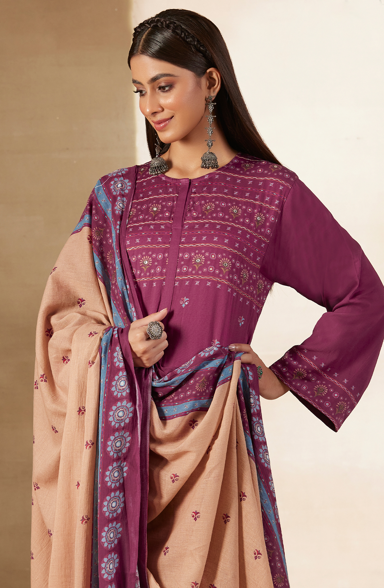 Magenta Cotton Digital Printed Unstitched Salwar Kameez with Hand Work - ARI484