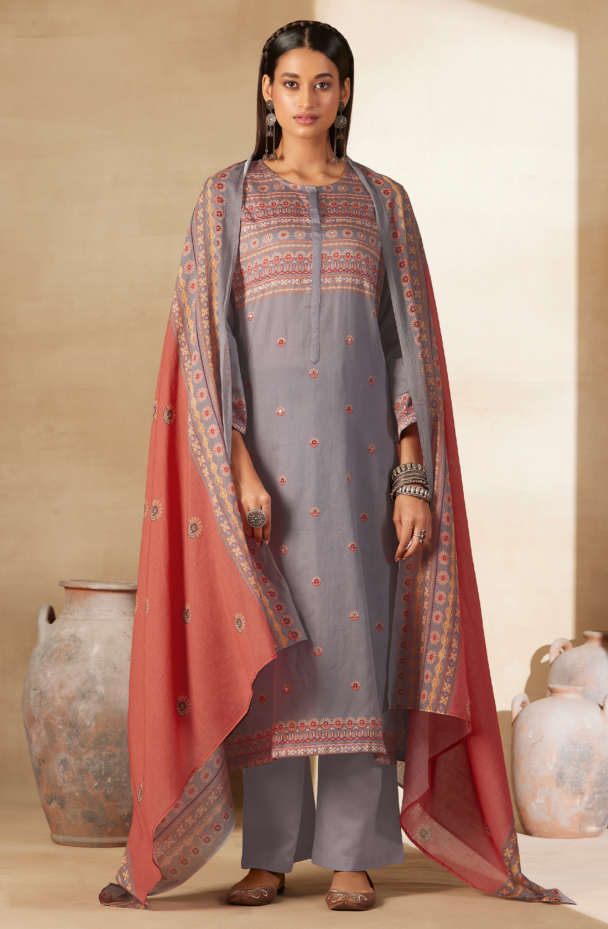 Grey Cotton Digital Printed Unstitched Salwar Kameez with Hand Work - ARI493