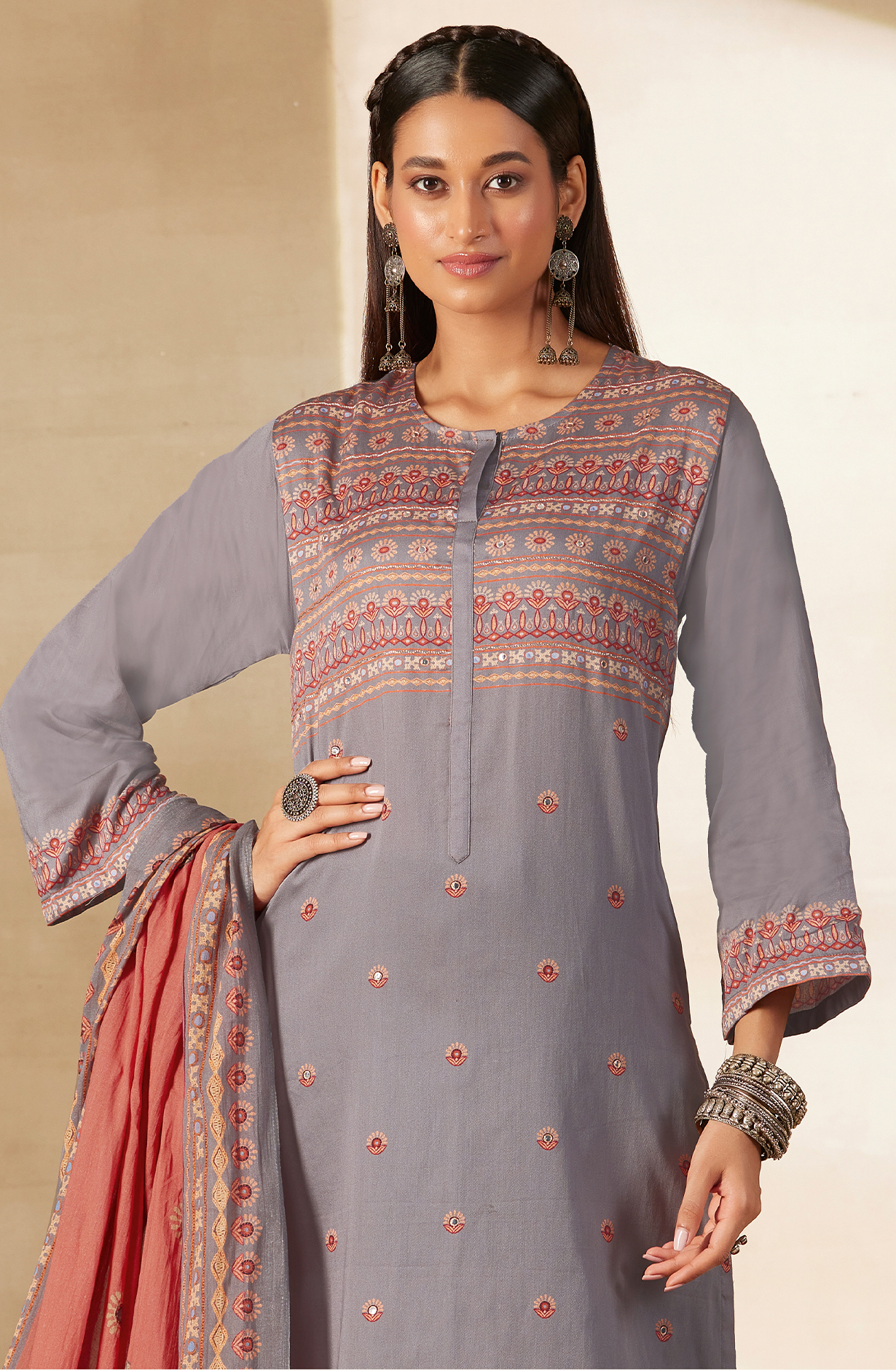 Grey Cotton Digital Printed Unstitched Salwar Kameez with Hand Work - ARI493
