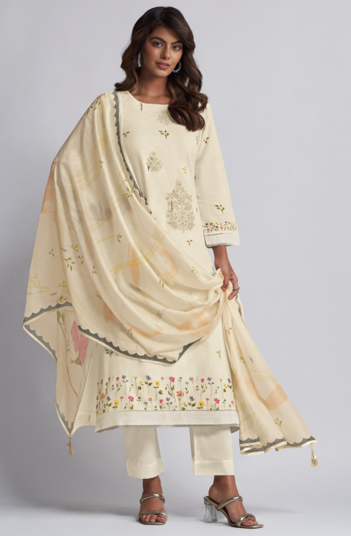 Cream Printed Linen embroidered Suit with Dupatta - ARI6961C