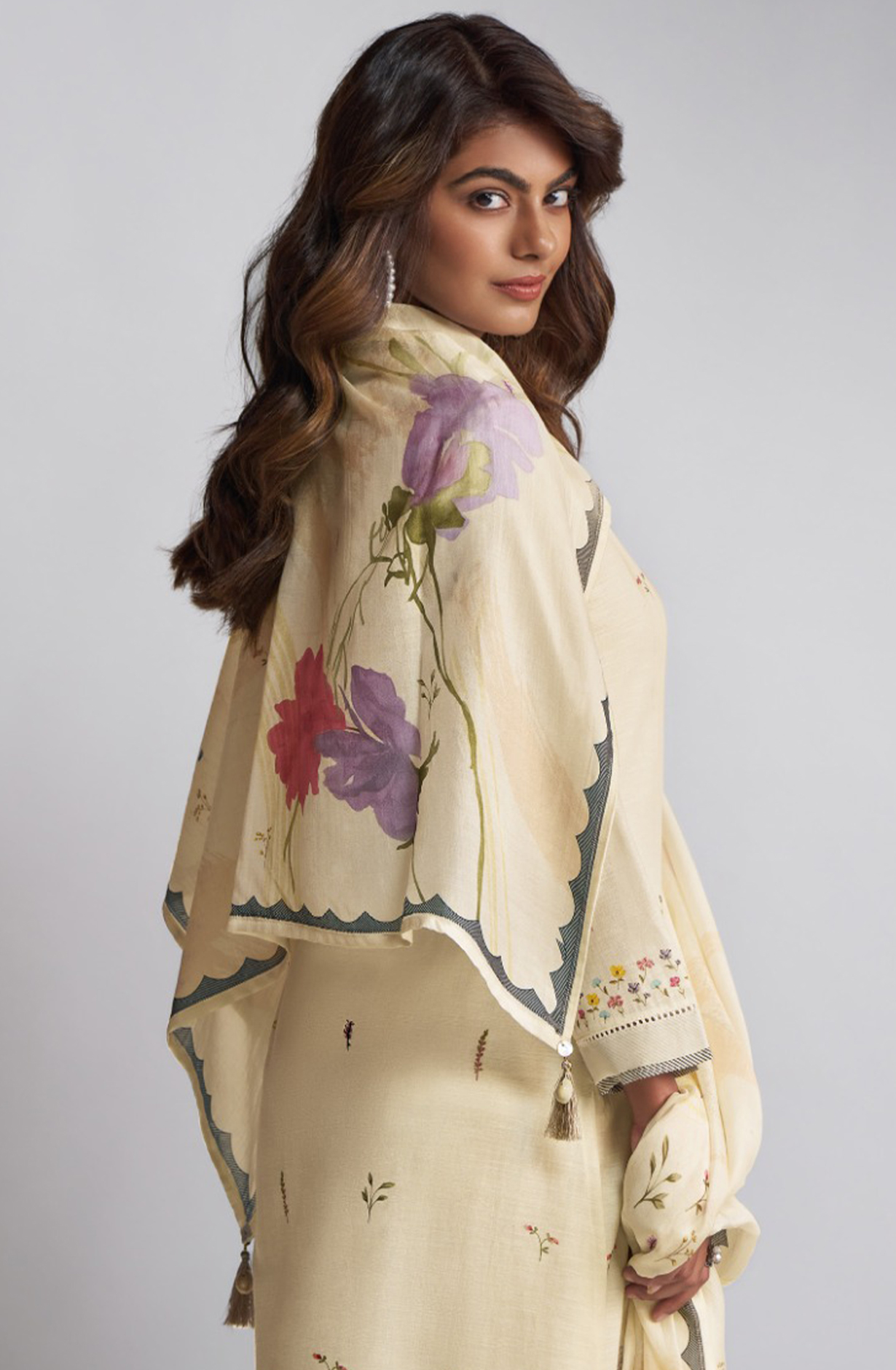 Cream Printed Linen embroidered Suit with Dupatta - ARI6961C