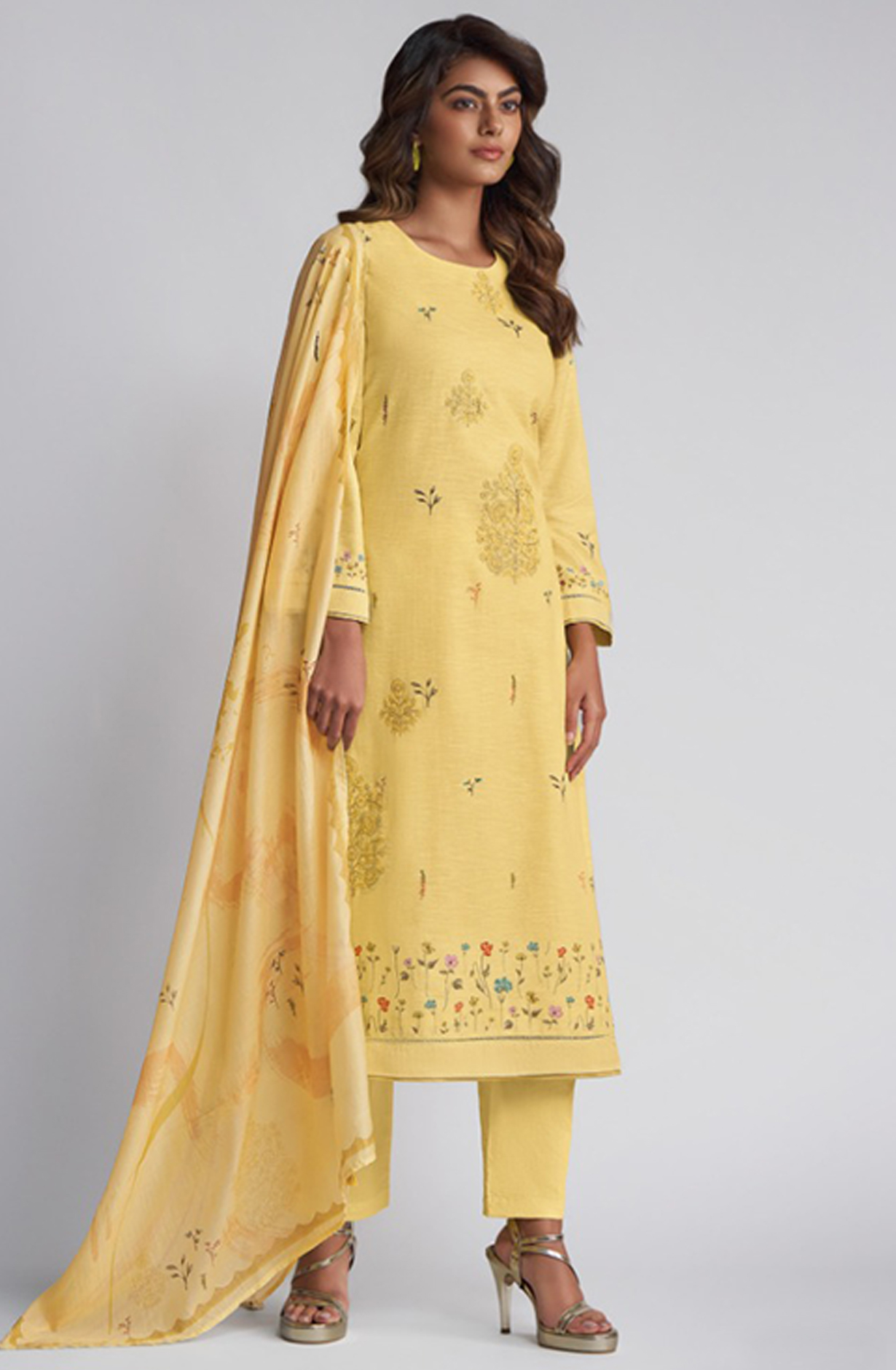 Mustard Printed Linen embroidered Suit with Dupatta - ARI6961D