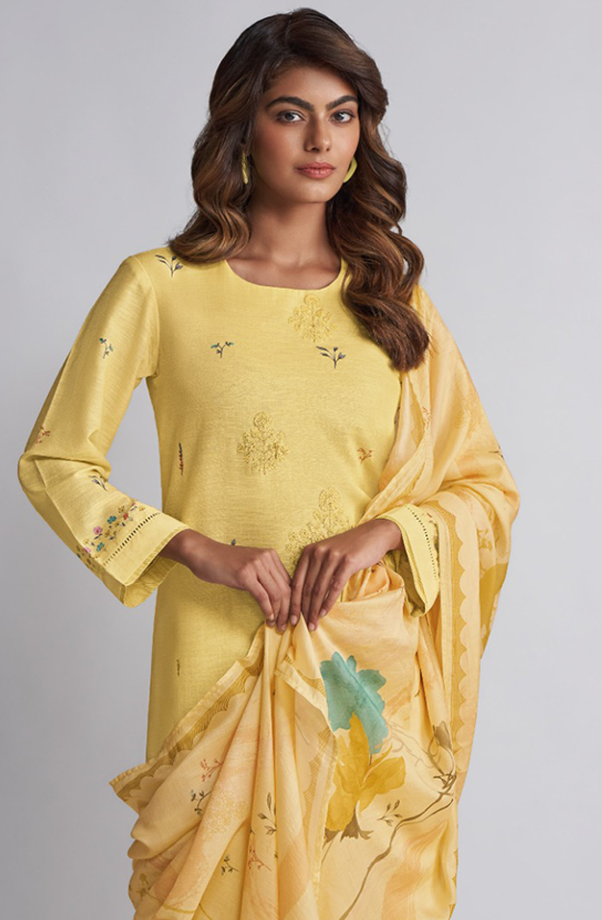 Mustard Printed Linen embroidered Suit with Dupatta - ARI6961D