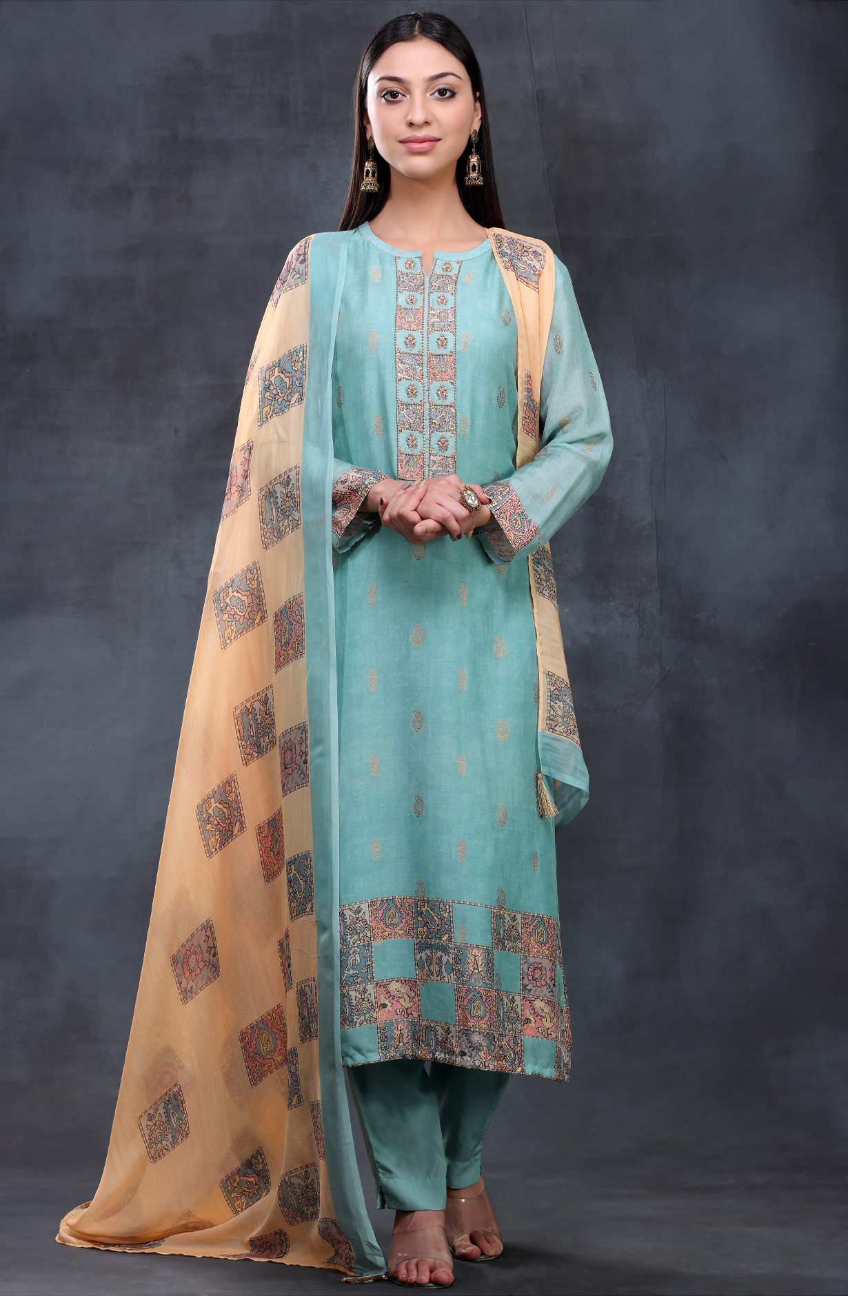 Sea Green Muslin Unstitched Salwar Kameez with Organza Dupatta - ARO1190A